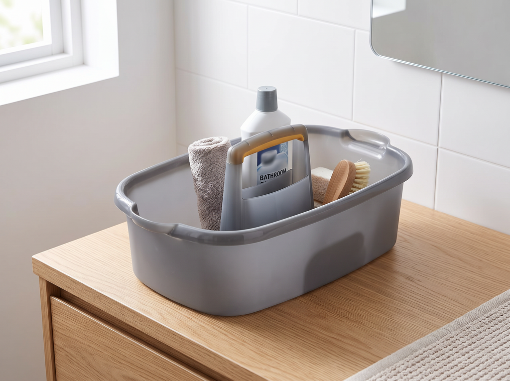 Portable Plastic Cleaning Caddy with Handle for Bathroom, Kitchen, or Laundry in a realistic home setting