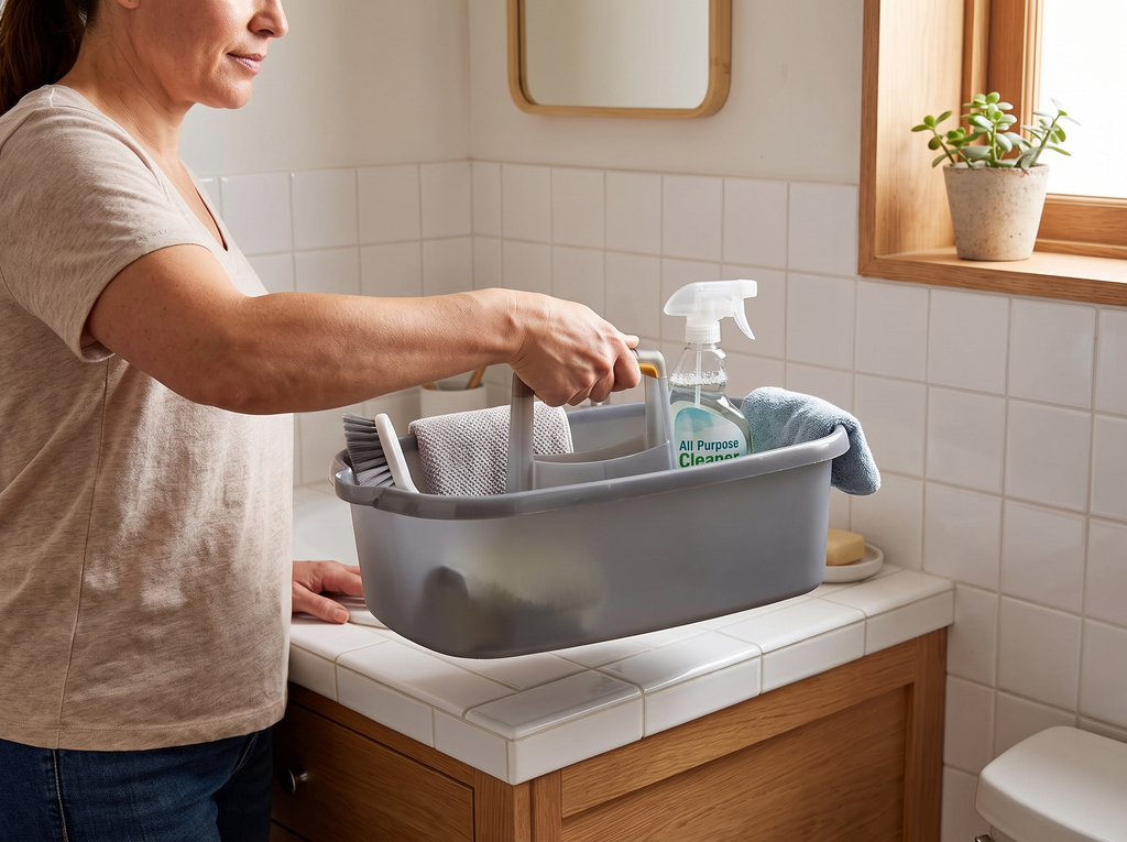 Portable Plastic Cleaning Caddy with Handle for Bathroom, Kitchen, or Laundry shown in natural everyday use at home