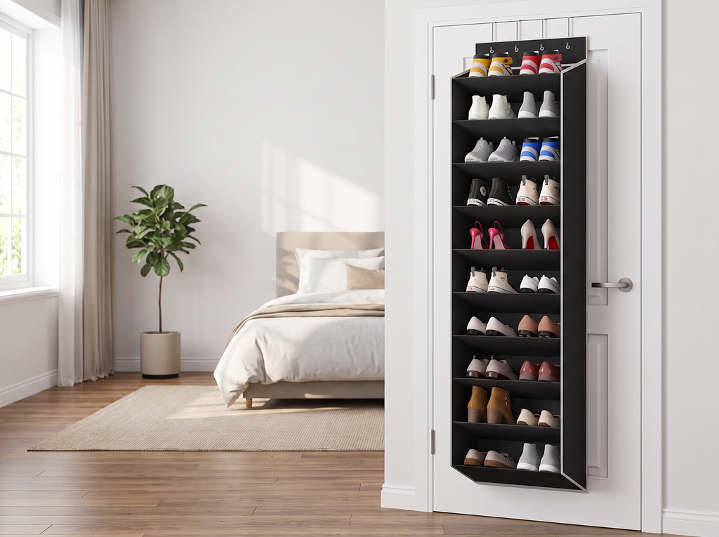 10-Tier Over-the-Door Shoe Organizer with Deep Pockets for Closet or Entryway in a realistic home setting
