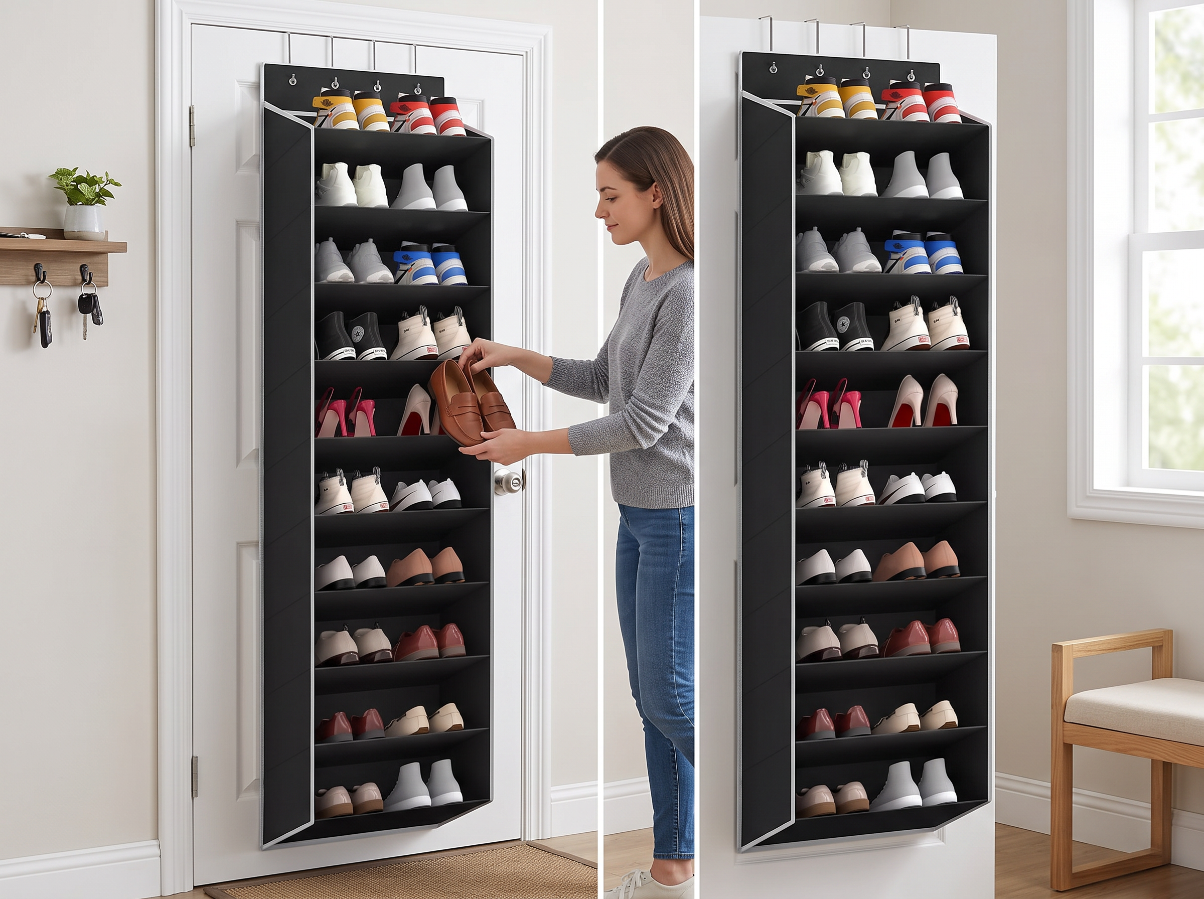 10-Tier Over-the-Door Shoe Organizer with Deep Pockets for Closet or Entryway shown in natural everyday use at home