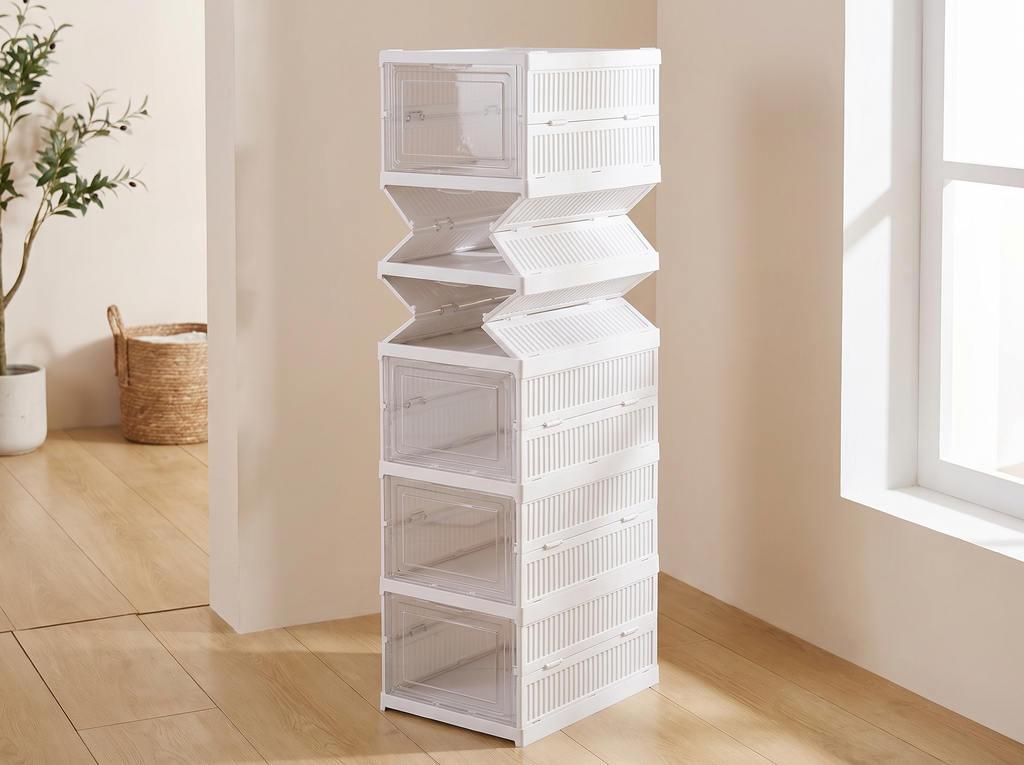 Stackable Shoe Organizer with Front-Opening Doors for Closet or Entryway in a realistic home setting