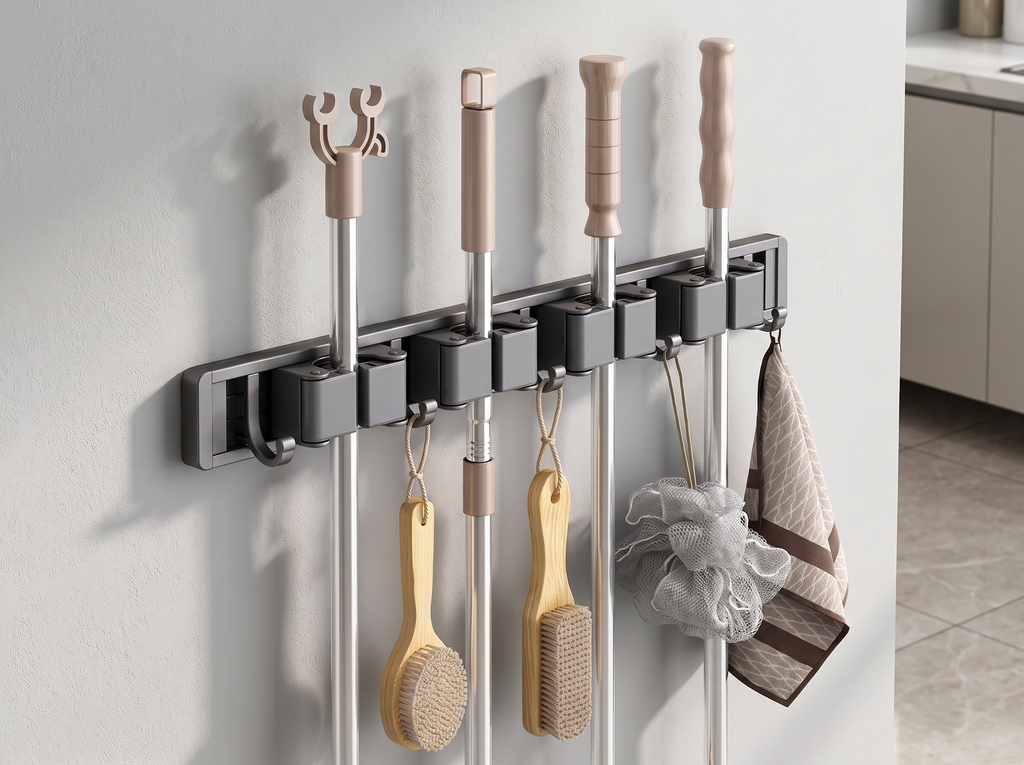 Wall-Mounted Broom and Mop Organizer Rack with Hooks for Bathroom or Utility Room in a realistic home setting