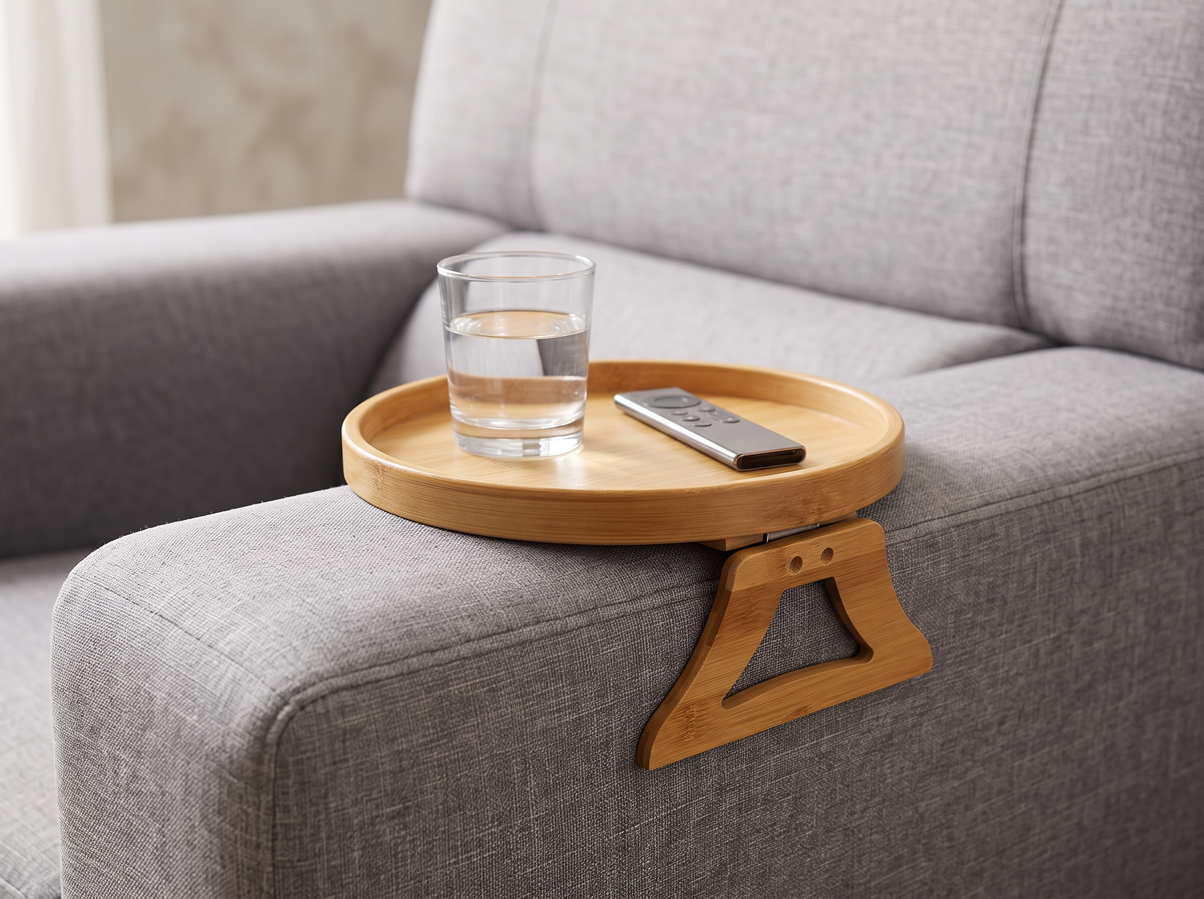 Bamboo Clip-On Sofa Armrest Tray Table for Drinks, Snacks, and Remotes in a realistic home setting