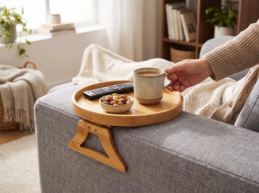 Bamboo Clip-On Sofa Armrest Tray Table for Drinks, Snacks, and Remotes shown in natural everyday use at home