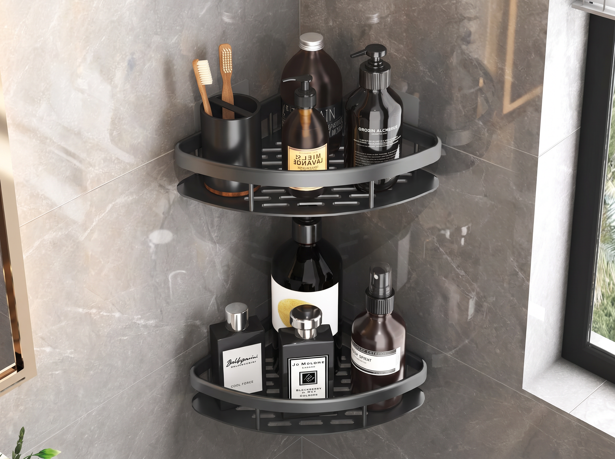 No-Drill Metal Corner Shower Shelf for Bathroom Storage and Organization in a realistic home setting
