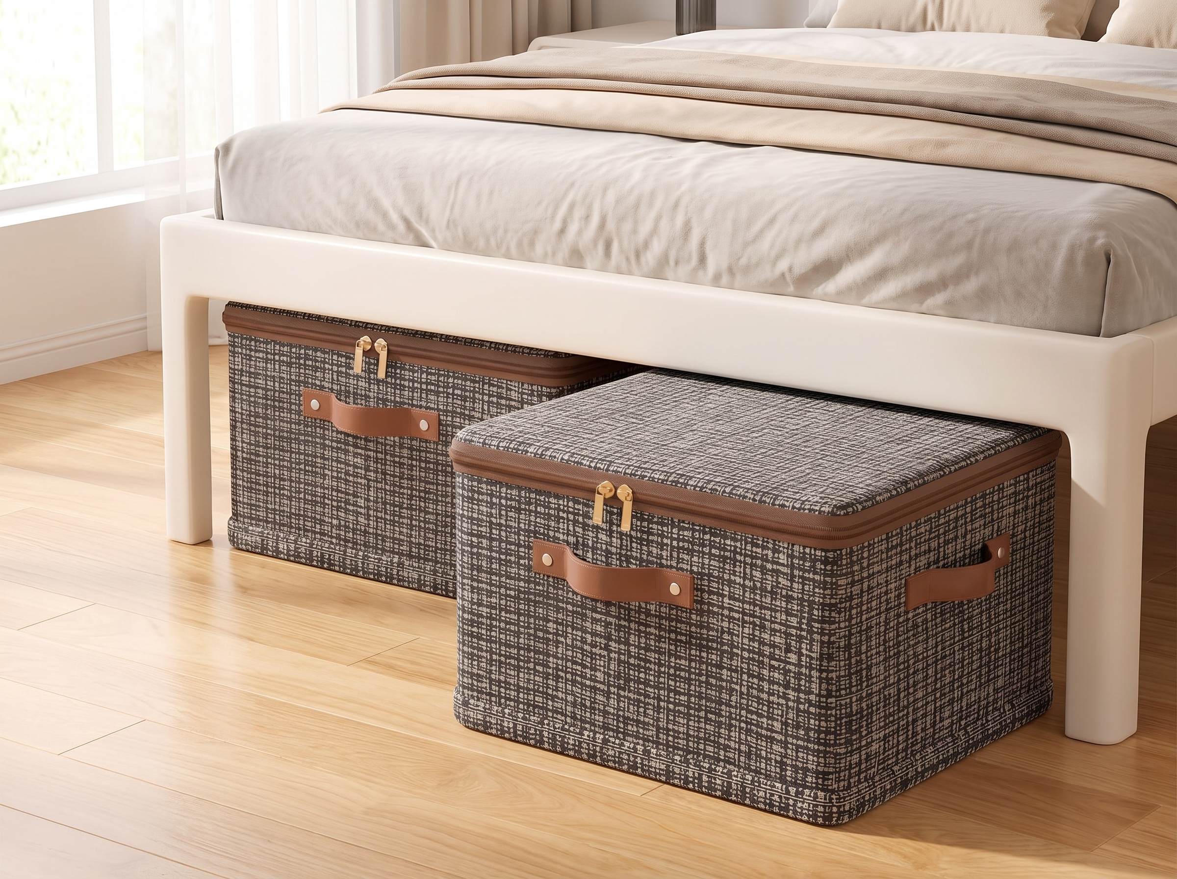 Foldable Closet Storage Bin with Lid and Handles – Patterned Fabric, Stackable, Various Sizes in a realistic home setting
