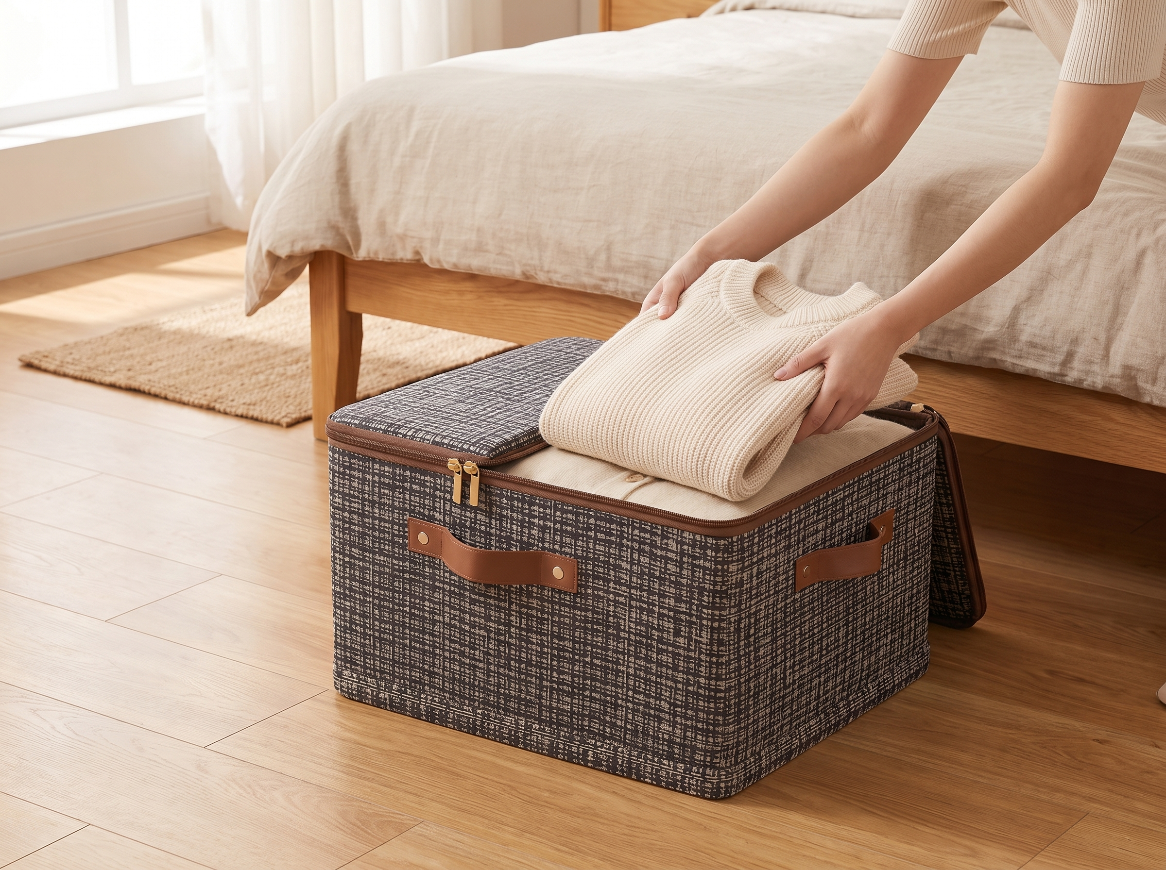 Foldable Closet Storage Bin with Lid and Handles – Patterned Fabric, Stackable, Various Sizes shown in natural everyday use at home