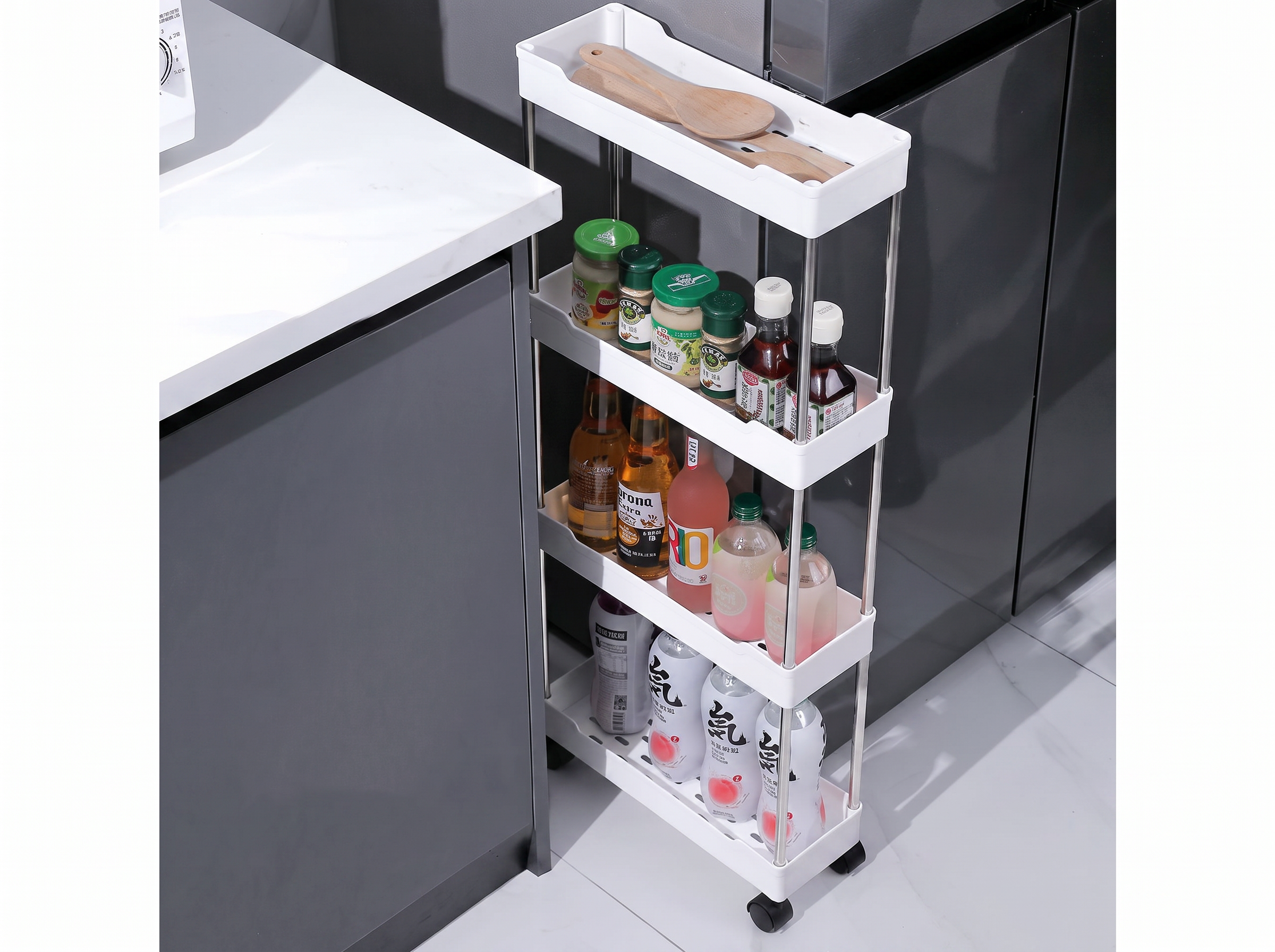 Slim Rolling Storage Cart for Kitchen, Bathroom, or Laundry Room – 3 or 4 Tiers in a realistic home setting