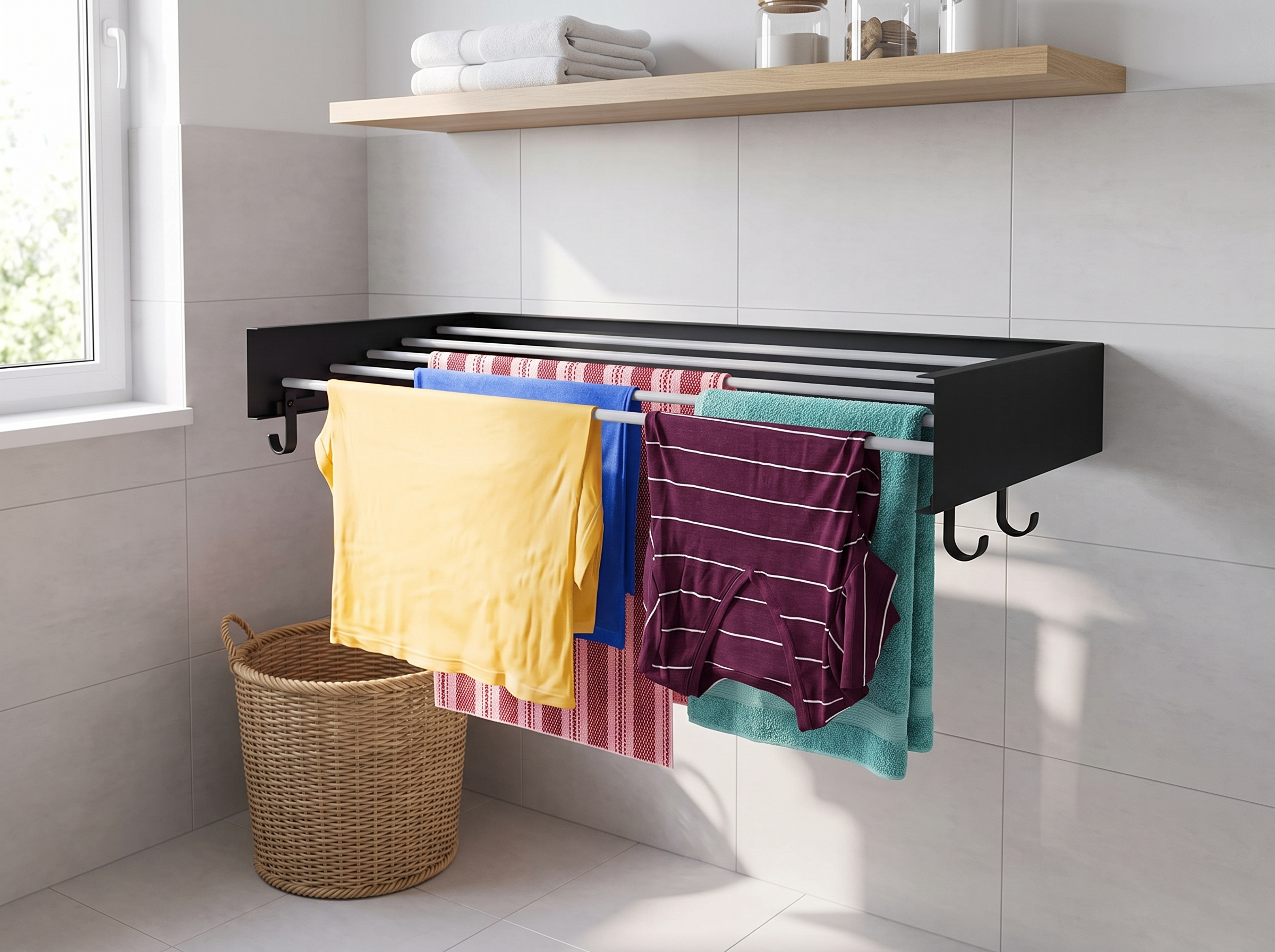 Foldable Wall-Mounted Drying Rack with 5 Rods for Laundry & Bathroom, 80cm in a realistic home setting