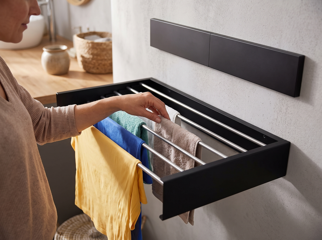 Foldable Wall-Mounted Drying Rack with 5 Rods for Laundry & Bathroom, 80cm shown in natural everyday use at home