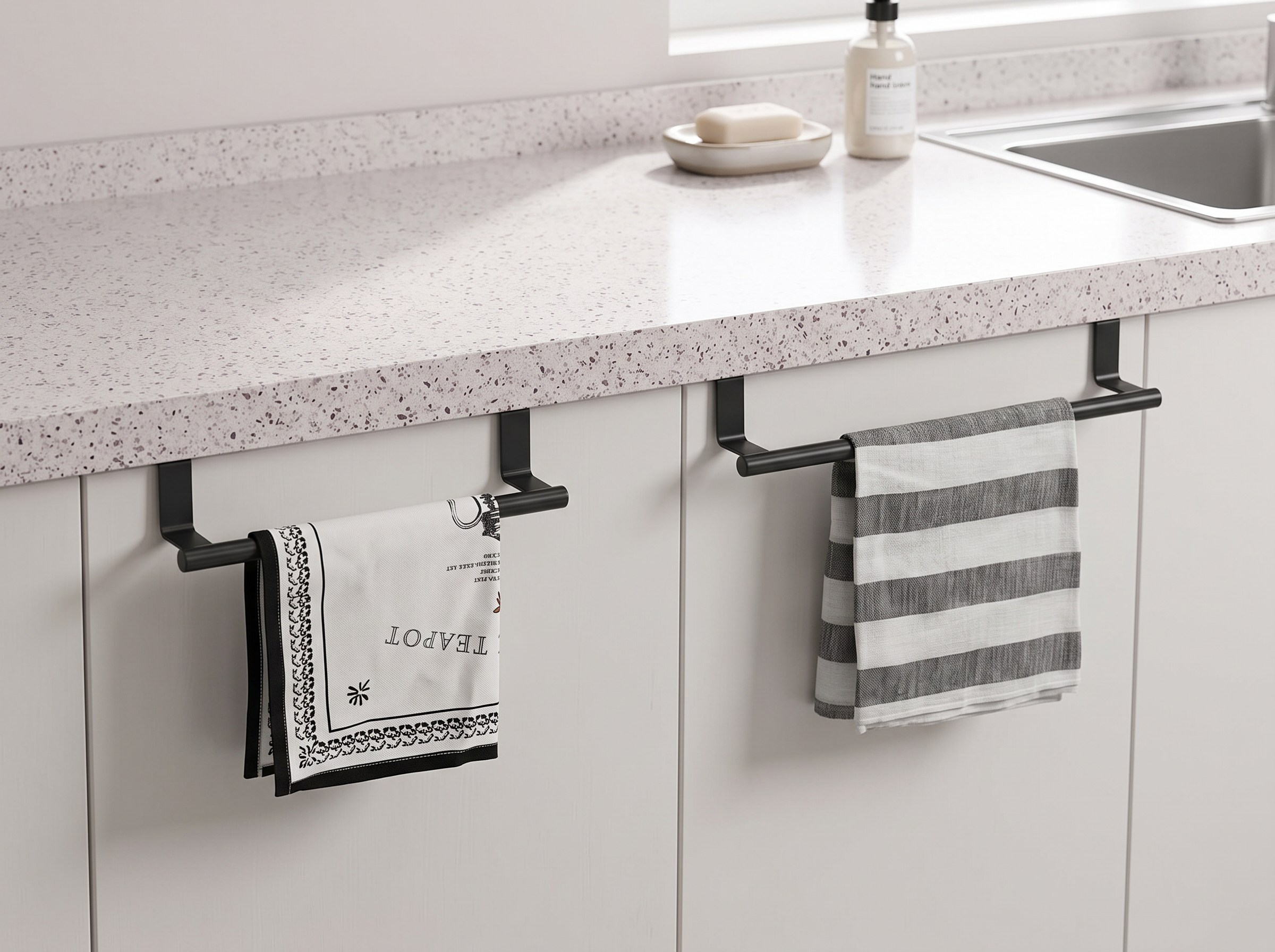 Stainless Steel Over-Cabinet Towel Bar for Kitchen and Bathroom Doors in a realistic home setting