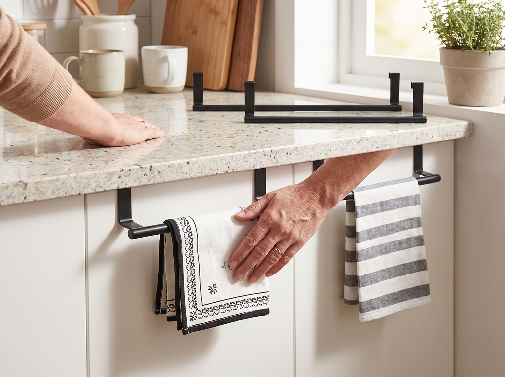 Stainless Steel Over-Cabinet Towel Bar for Kitchen and Bathroom Doors shown in natural everyday use at home