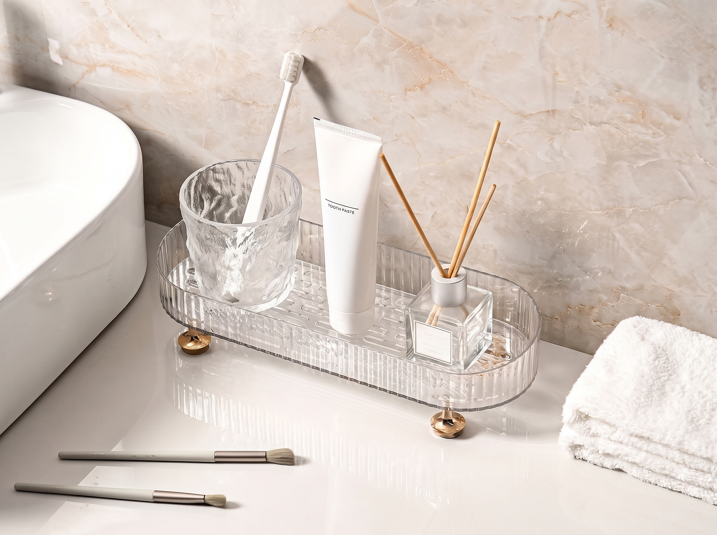 Acrylic Vanity Tray with Gold Feet for Bathroom or Dresser Organization in a realistic home setting