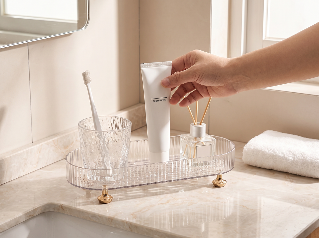 Acrylic Vanity Tray with Gold Feet for Bathroom or Dresser Organization shown in natural everyday use at home