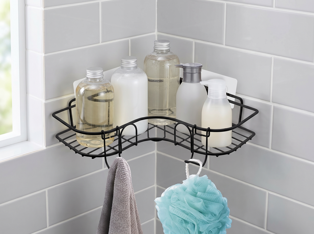 Wall-Mounted Corner Shower Shelf with Removable Hooks for Bathroom or Kitchen in a realistic home setting