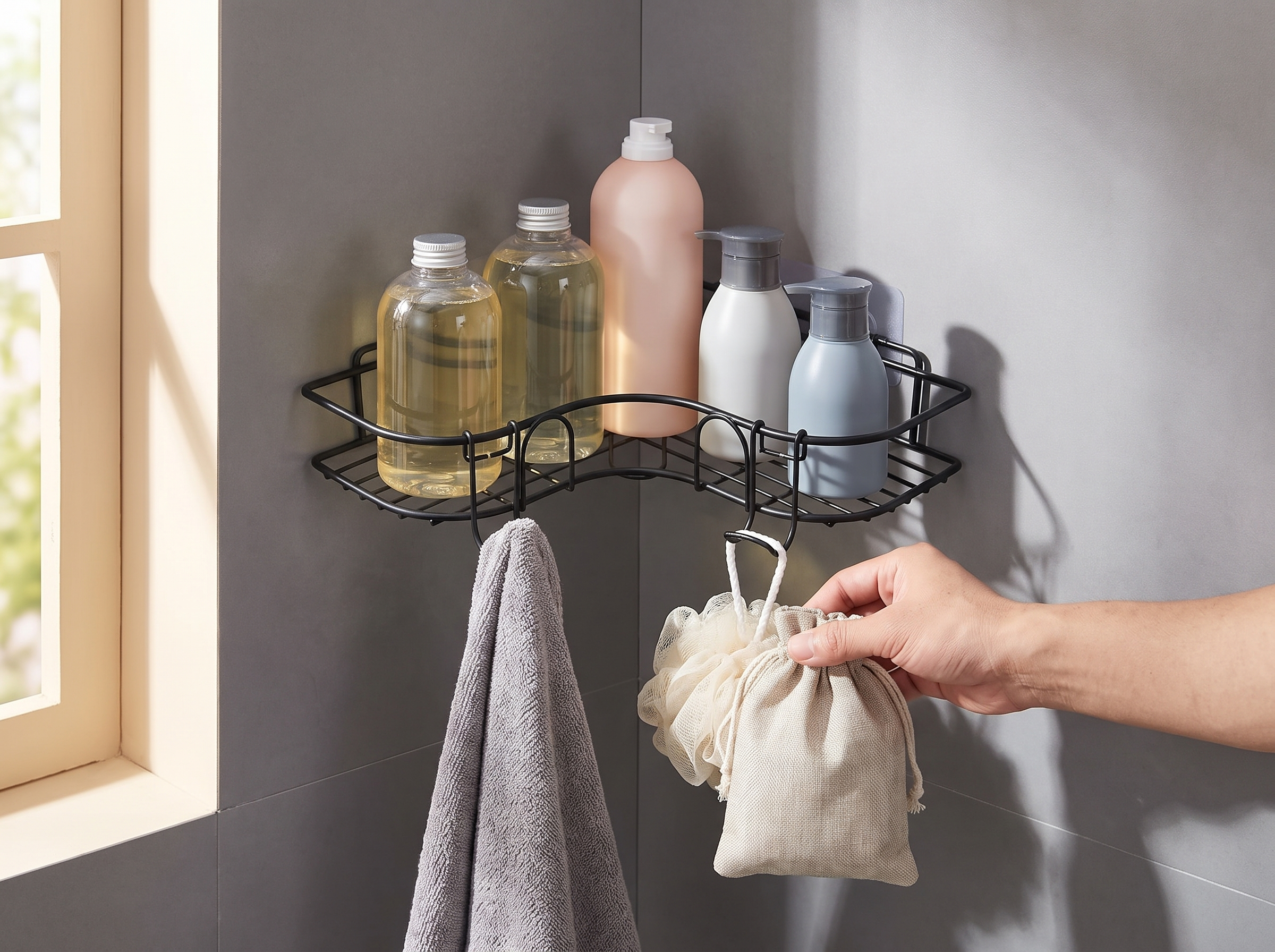 Wall-Mounted Corner Shower Shelf with Removable Hooks for Bathroom or Kitchen shown in natural everyday use at home