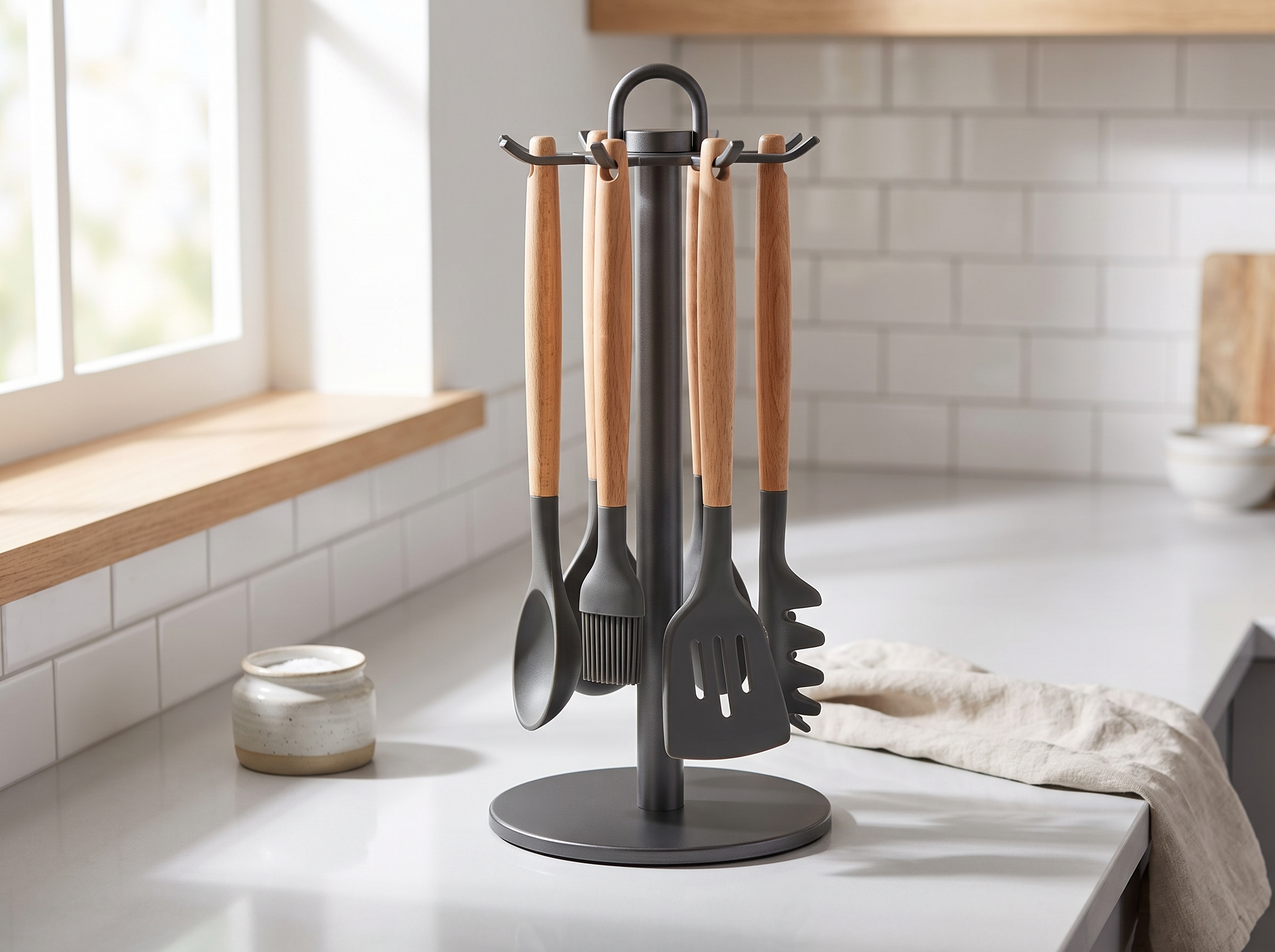 Rotating Kitchen Utensil Stand with 8 Hooks for Countertop Organization in a realistic home setting