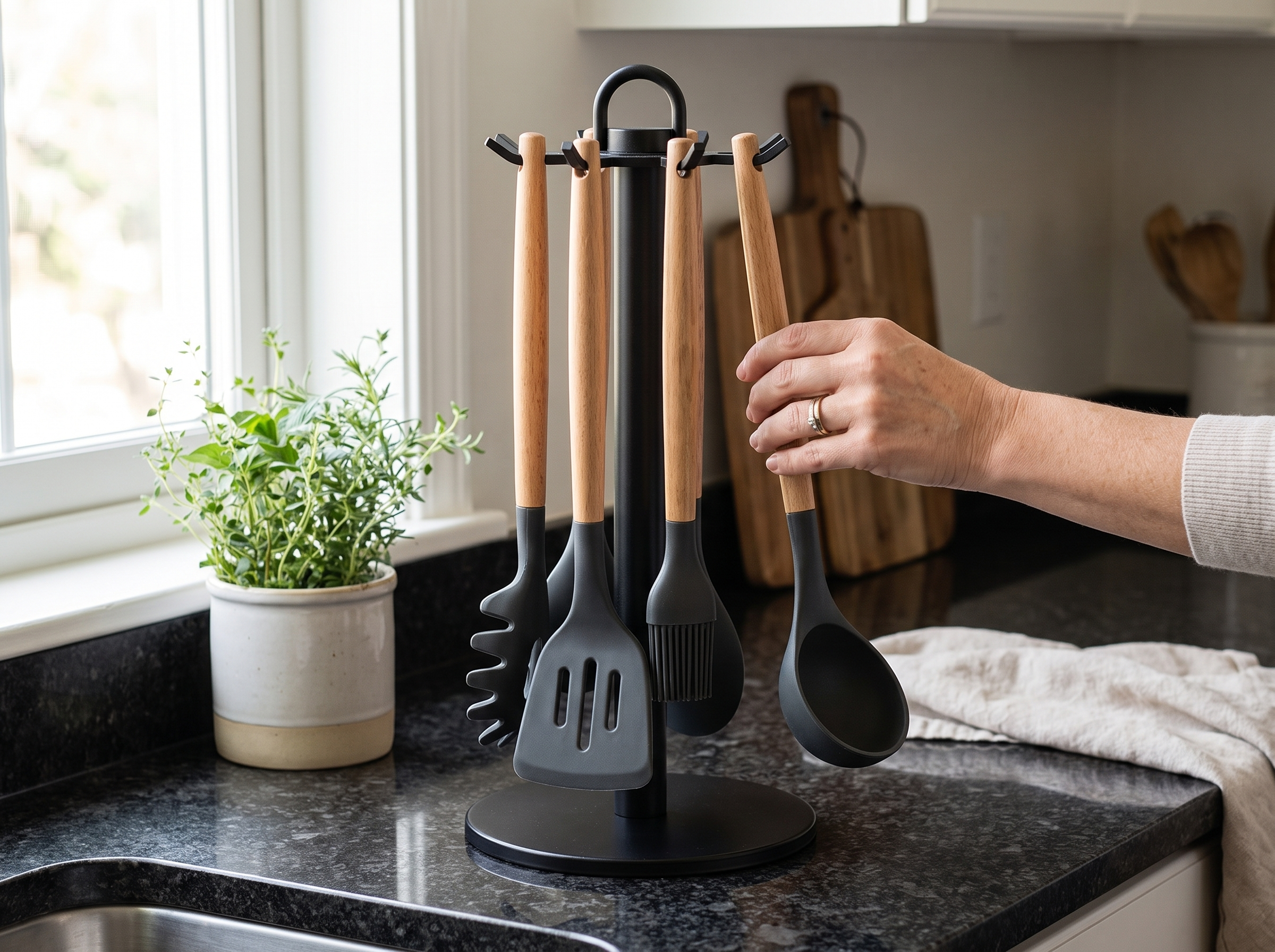 Rotating Kitchen Utensil Stand with 8 Hooks for Countertop Organization shown in natural everyday use at home