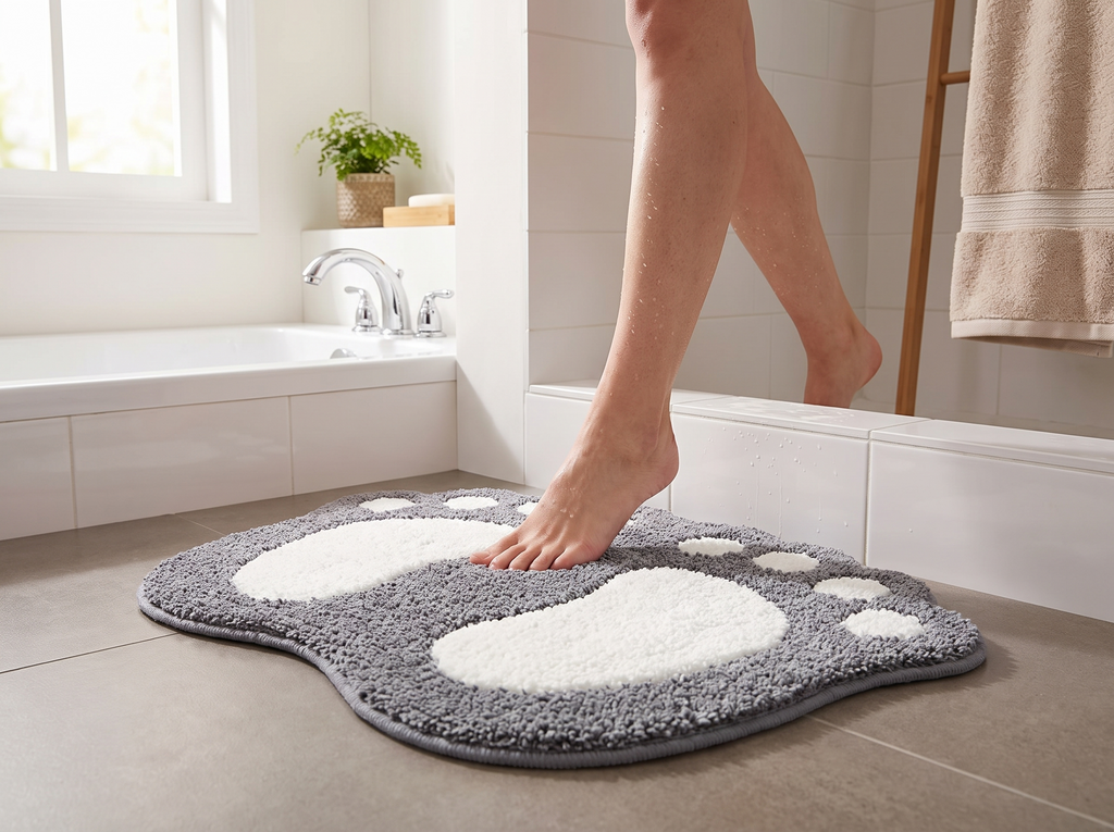 Soft Microfiber Footprint Bath Mat, Non-Slip and Absorbent, 40x60cm shown in natural everyday use at home