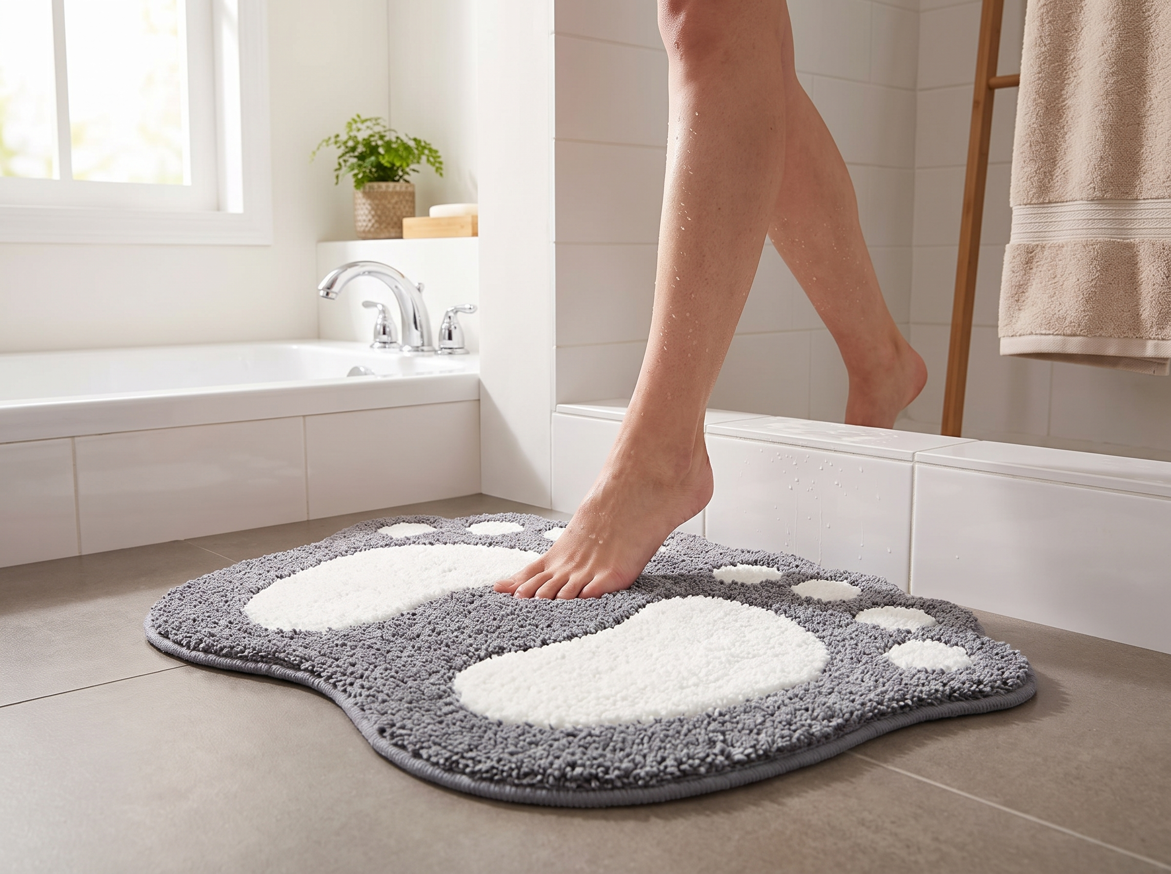 Soft Microfiber Footprint Bath Mat, Non-Slip and Absorbent, 40x60cm shown in natural everyday use at home