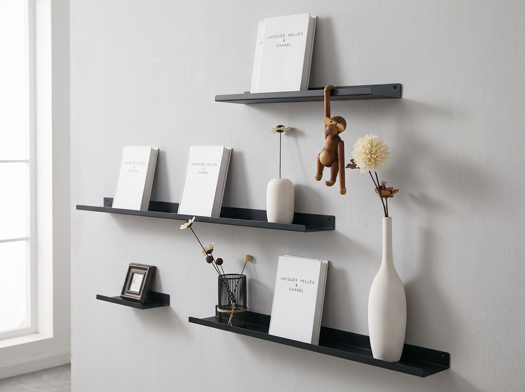 Metal Wall-Mounted Picture Ledge Shelf for Books, Decor, or Entryway Essentials in a realistic home setting