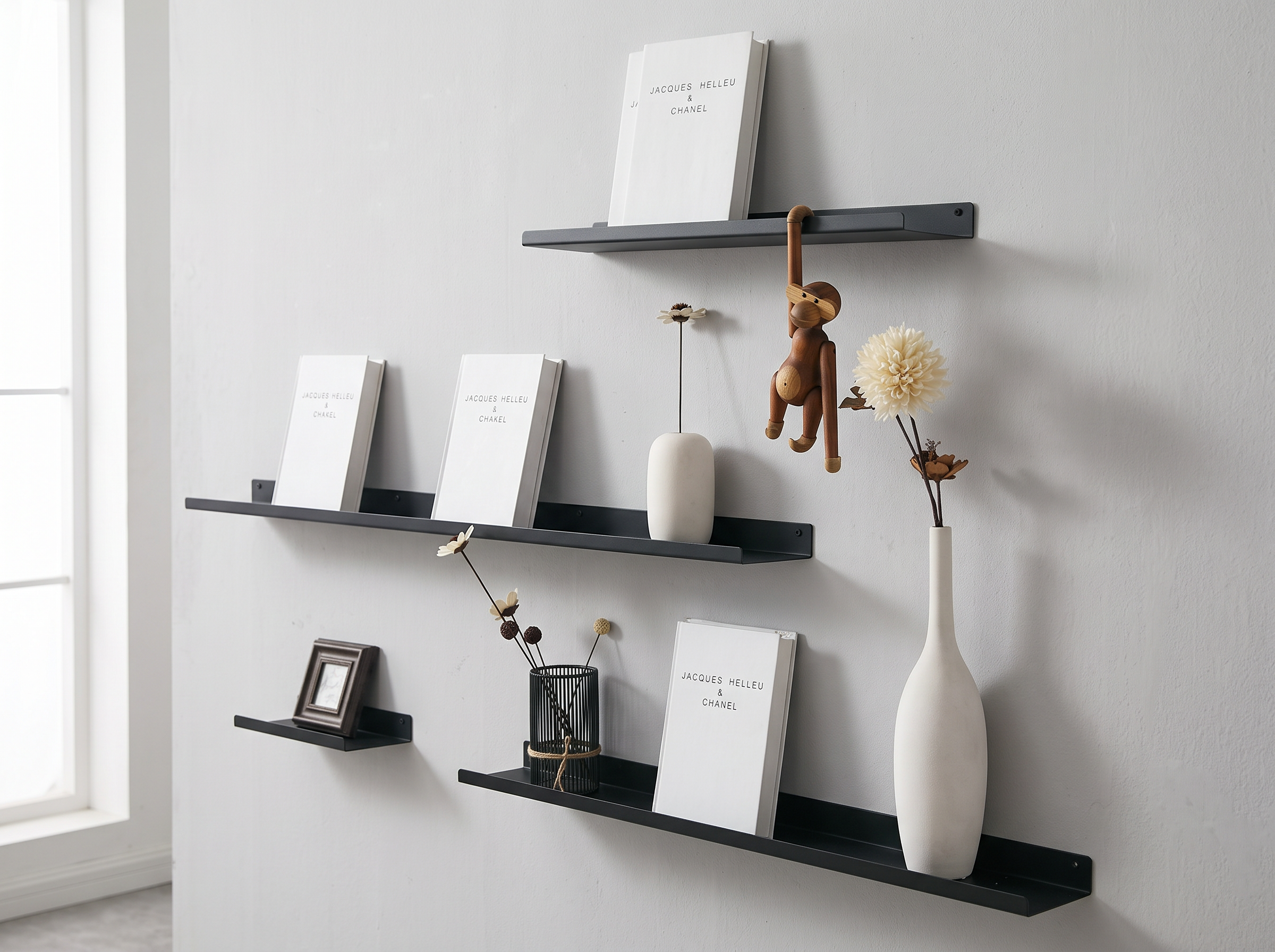Metal Wall-Mounted Picture Ledge Shelf for Books, Decor, or Entryway Essentials in a realistic home setting