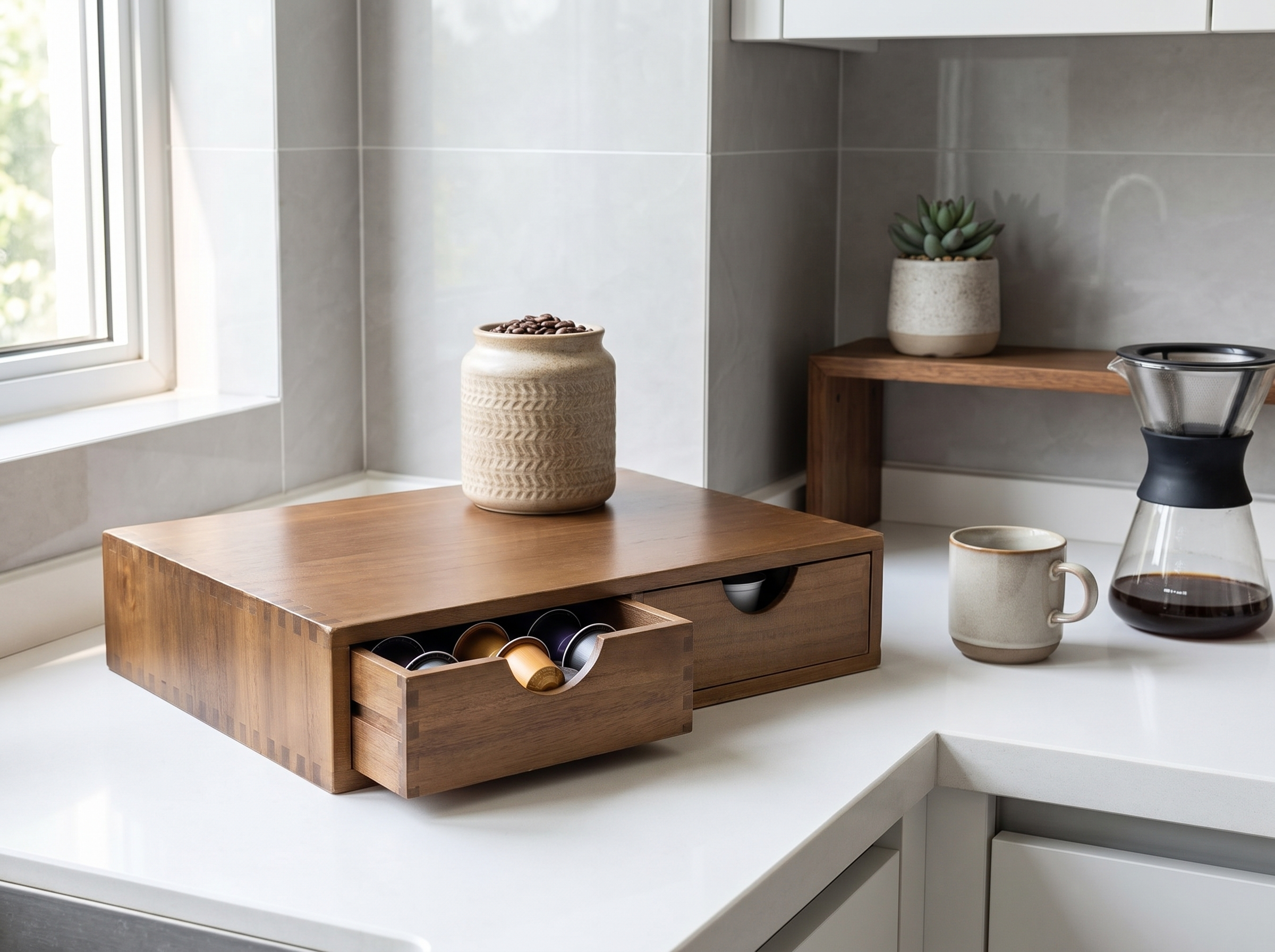 Wooden Two-Drawer Coffee Pod Organizer for Kitchen Counters or Coffee Bars in a realistic home setting