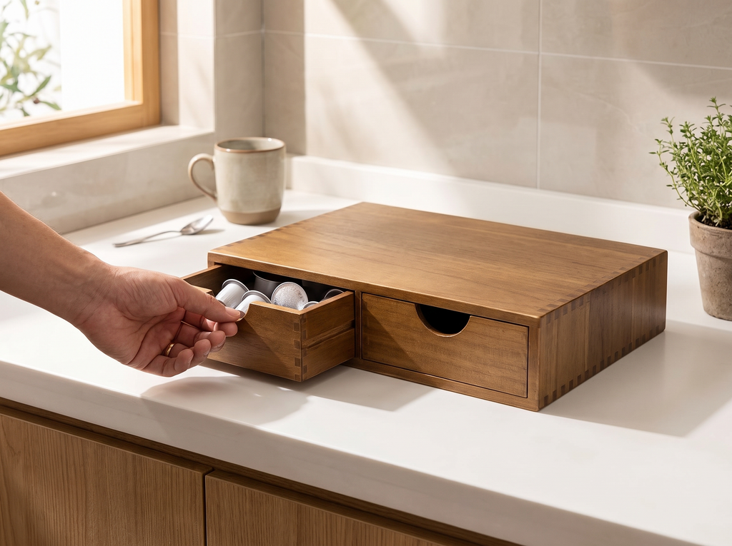 Wooden Two-Drawer Coffee Pod Organizer for Kitchen Counters or Coffee Bars shown in natural everyday use at home
