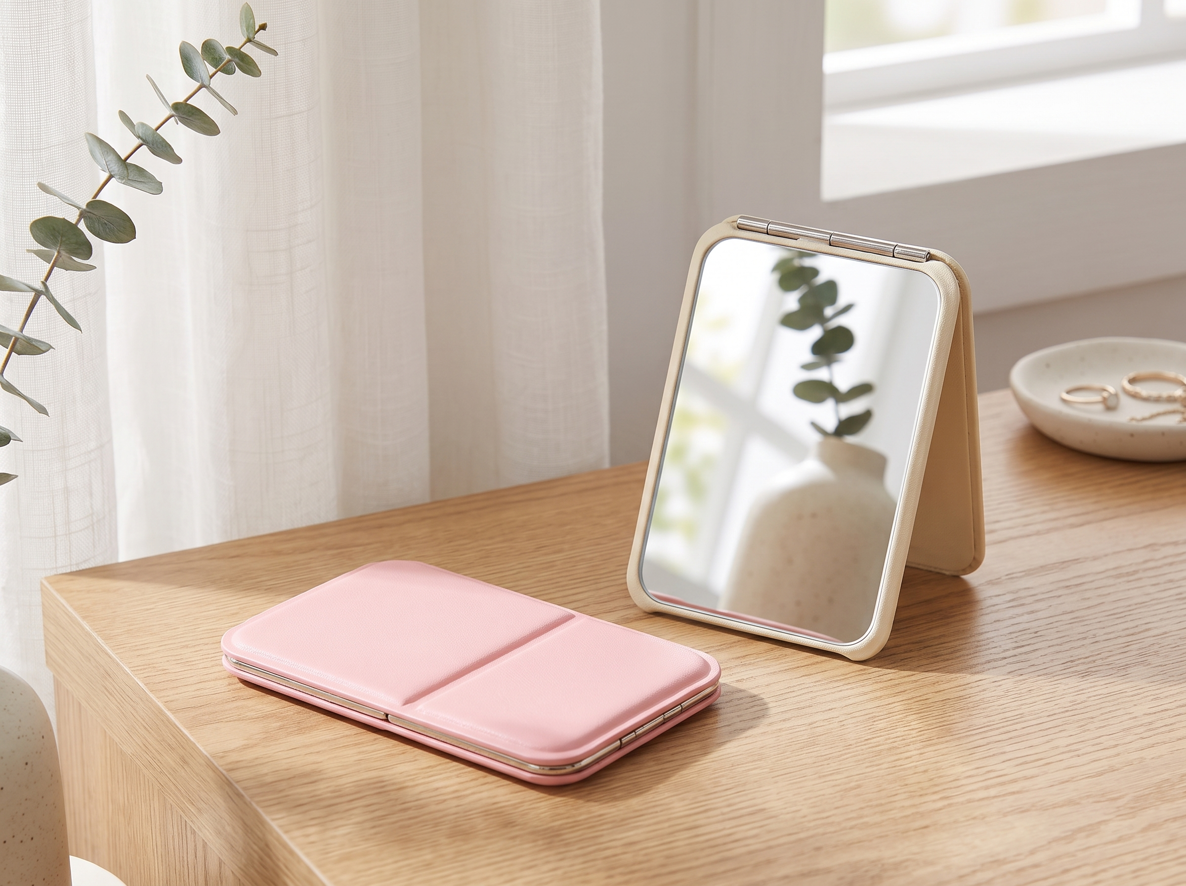 Foldable PU Leather Desktop Makeup Mirror for Vanity or Travel, 3 Colors in a realistic home setting