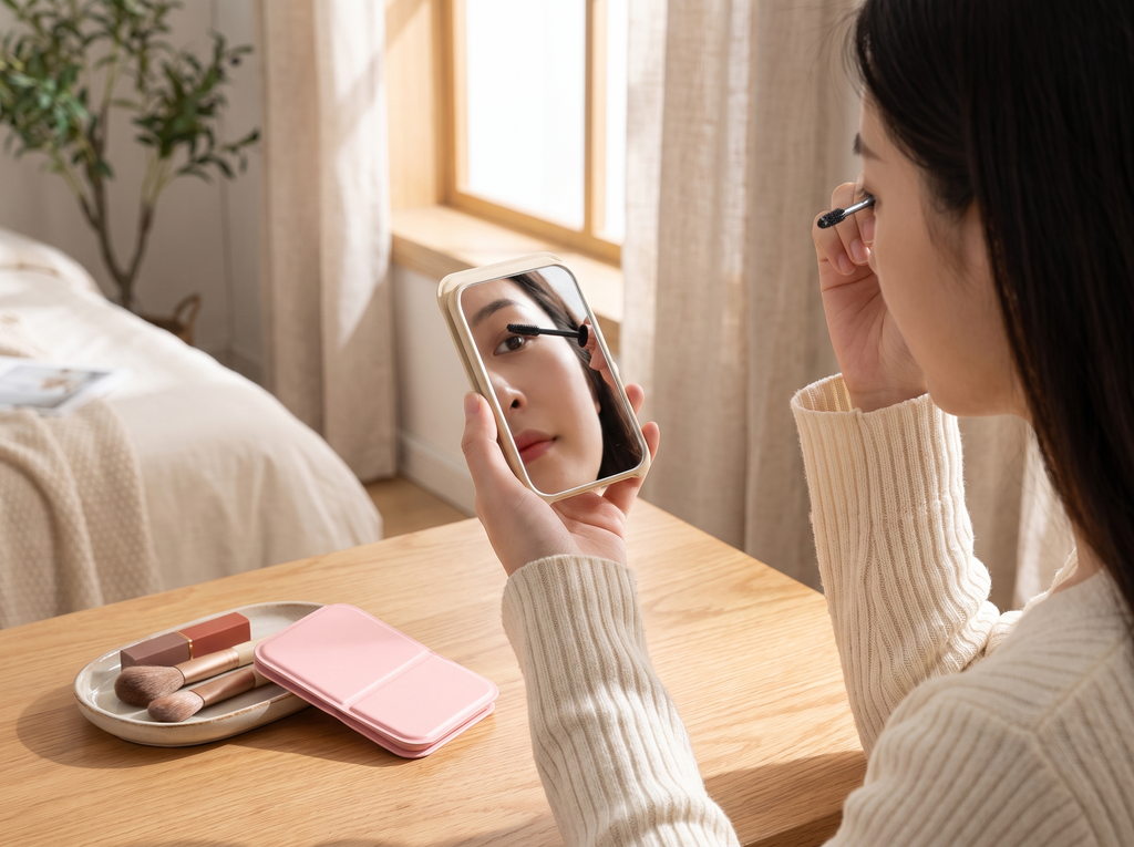 Foldable PU Leather Desktop Makeup Mirror for Vanity or Travel, 3 Colors shown in natural everyday use at home