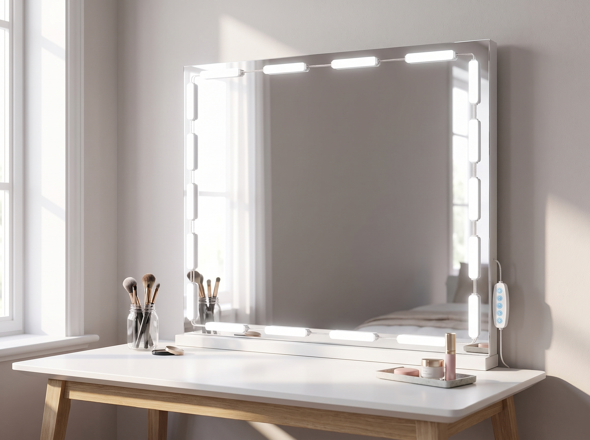 Dimmable LED Vanity Mirror Lights Strip with 5 Color Temperatures, USB Powered in a realistic home setting
