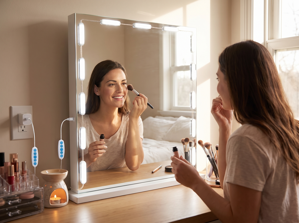 Dimmable LED Vanity Mirror Lights Strip with 5 Color Temperatures, USB Powered shown in natural everyday use at home