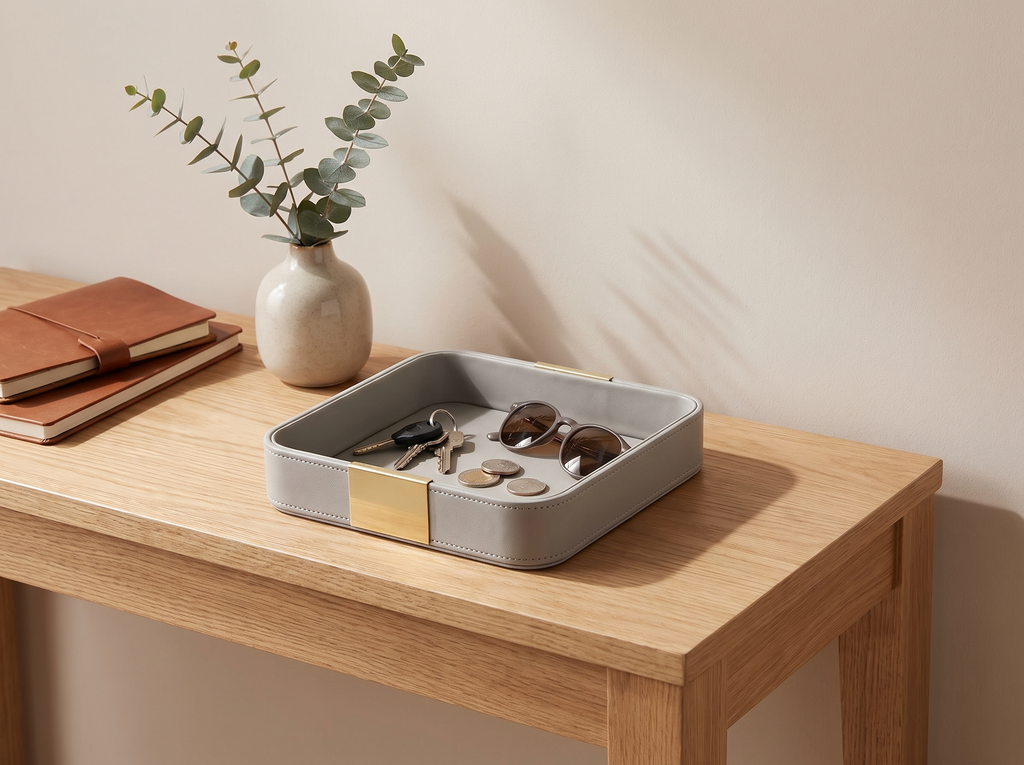 Square PU Leather Catchall Tray with Gold Accent for Entryway or Vanity in a realistic home setting