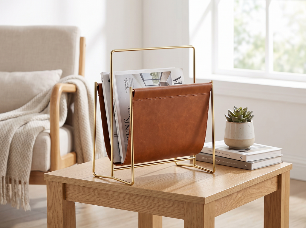 Brown Faux Leather and Gold Metal Magazine Storage Rack for Living Room or Office in a realistic home setting