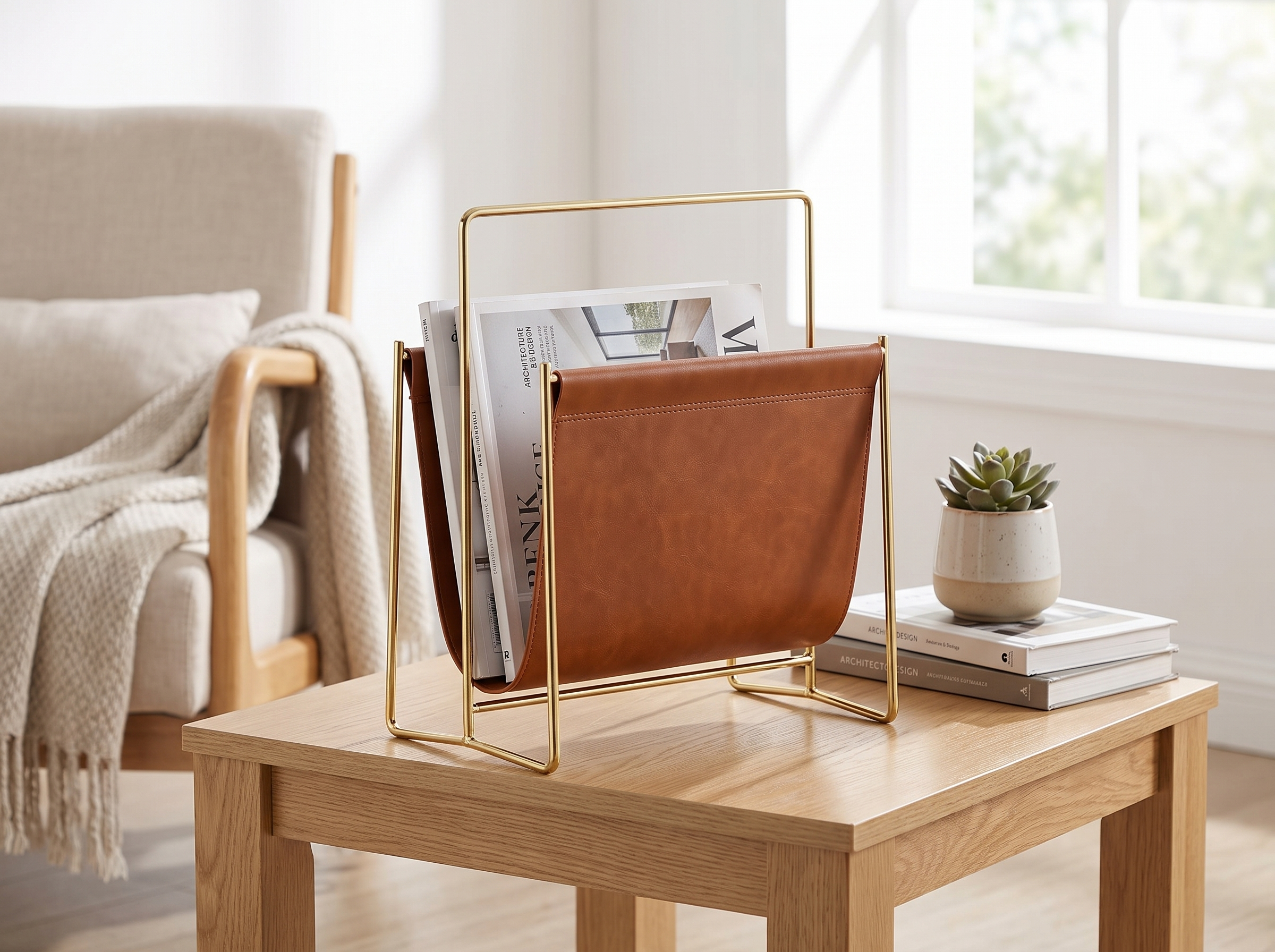 Brown Faux Leather and Gold Metal Magazine Storage Rack for Living Room or Office in a realistic home setting