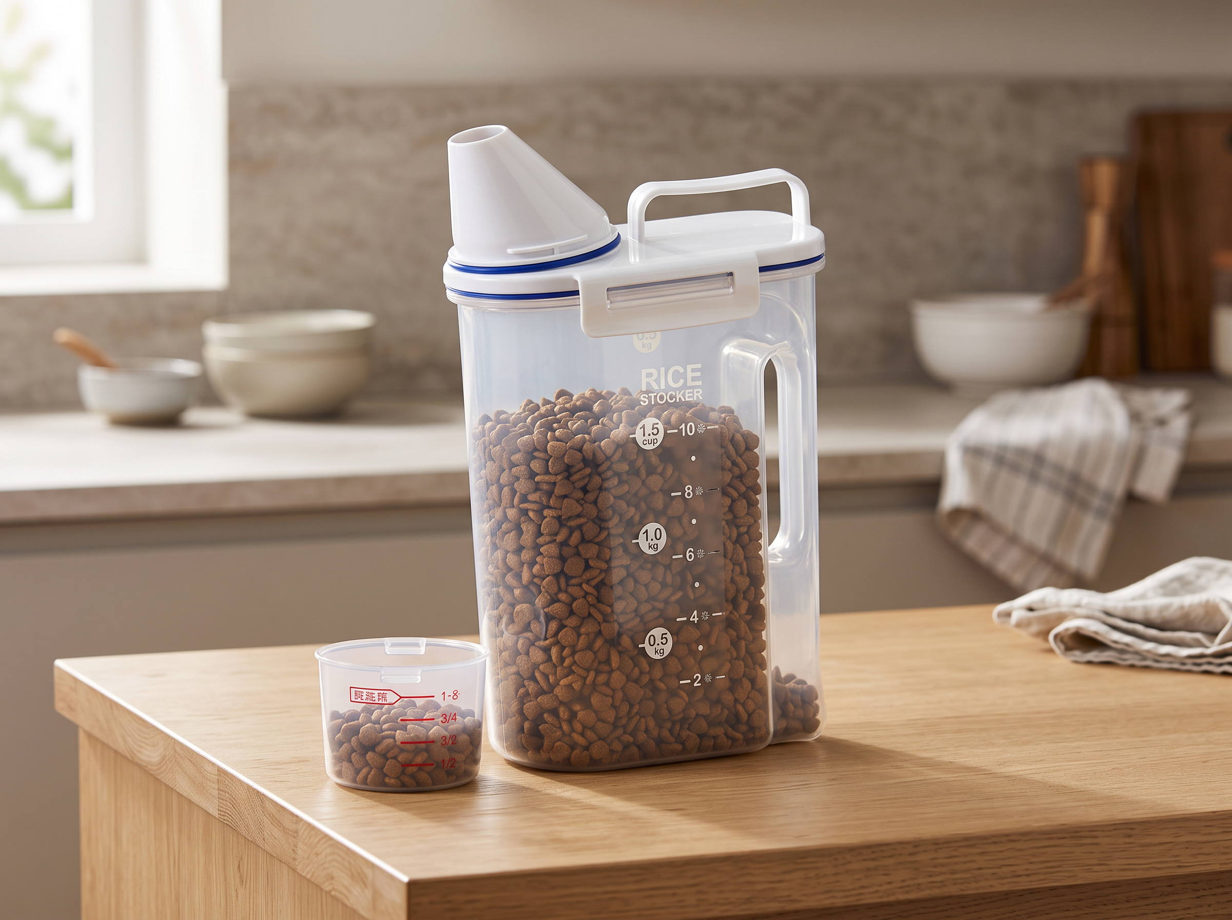 Airtight Pet Food Storage Container with Handle and Measuring Cup, 1.5-2KG in a realistic home setting