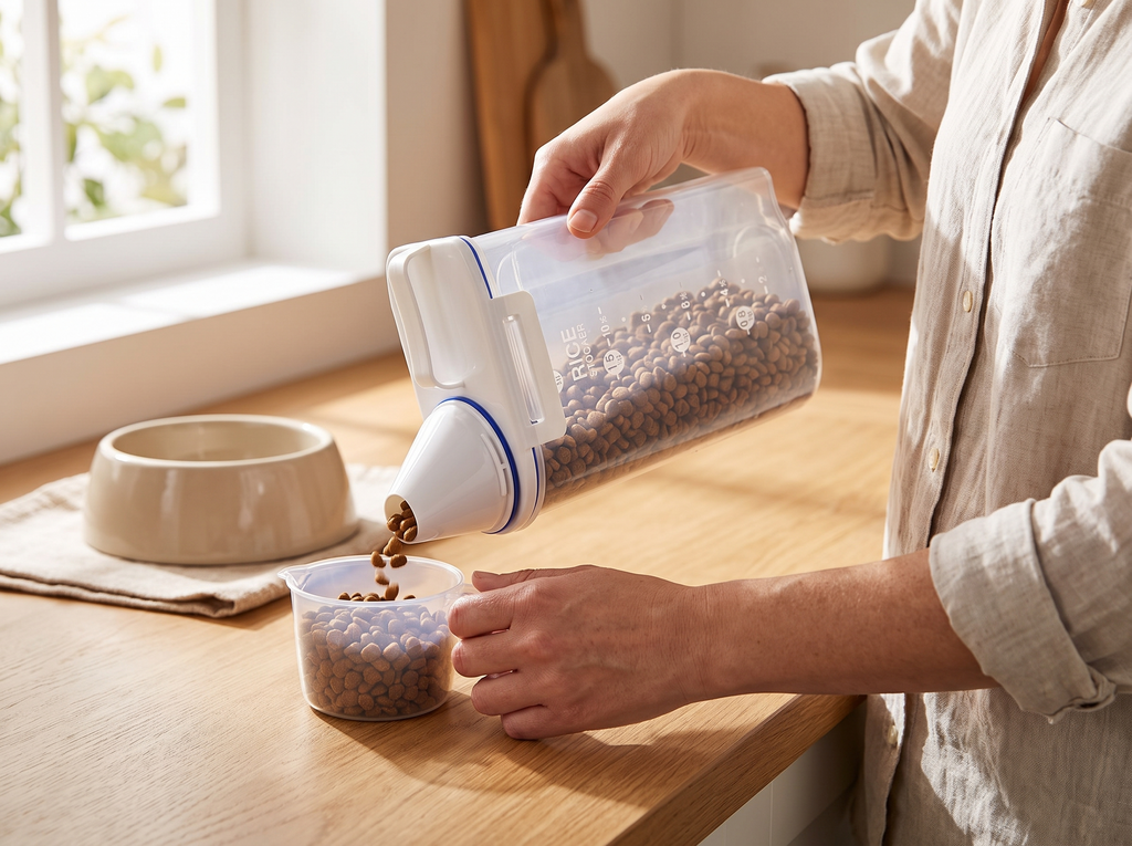 Airtight Pet Food Storage Container with Handle and Measuring Cup, 1.5-2KG shown in natural everyday use at home
