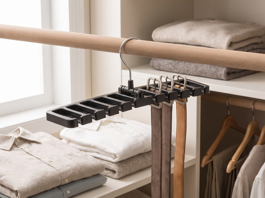 Rotating Closet Hanger for Belts, Scarves, and Accessories – Black in a realistic home setting