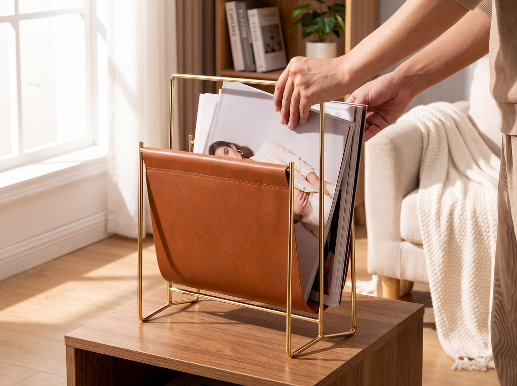 Brown Faux Leather and Gold Metal Magazine Storage Rack for Living Room or Office shown in natural everyday use at home