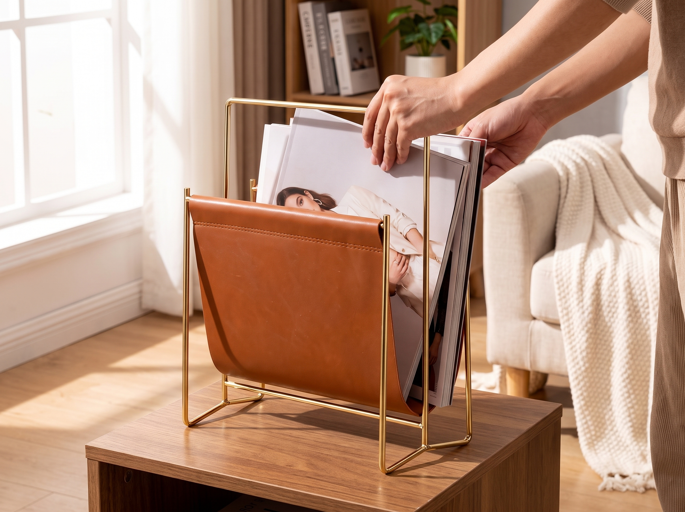 Brown Faux Leather and Gold Metal Magazine Storage Rack for Living Room or Office shown in natural everyday use at home