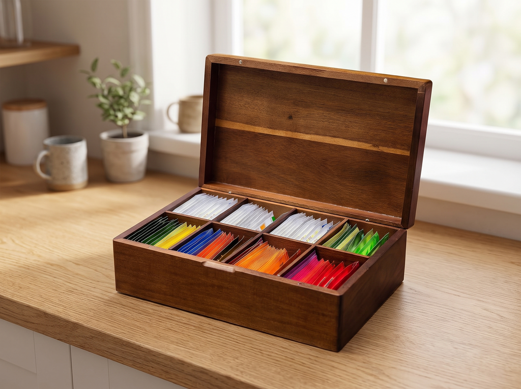 Acacia Wood Tea Bag Organizer Box with 4 or 8 Compartments for Kitchen or Tea Nook in a realistic home setting