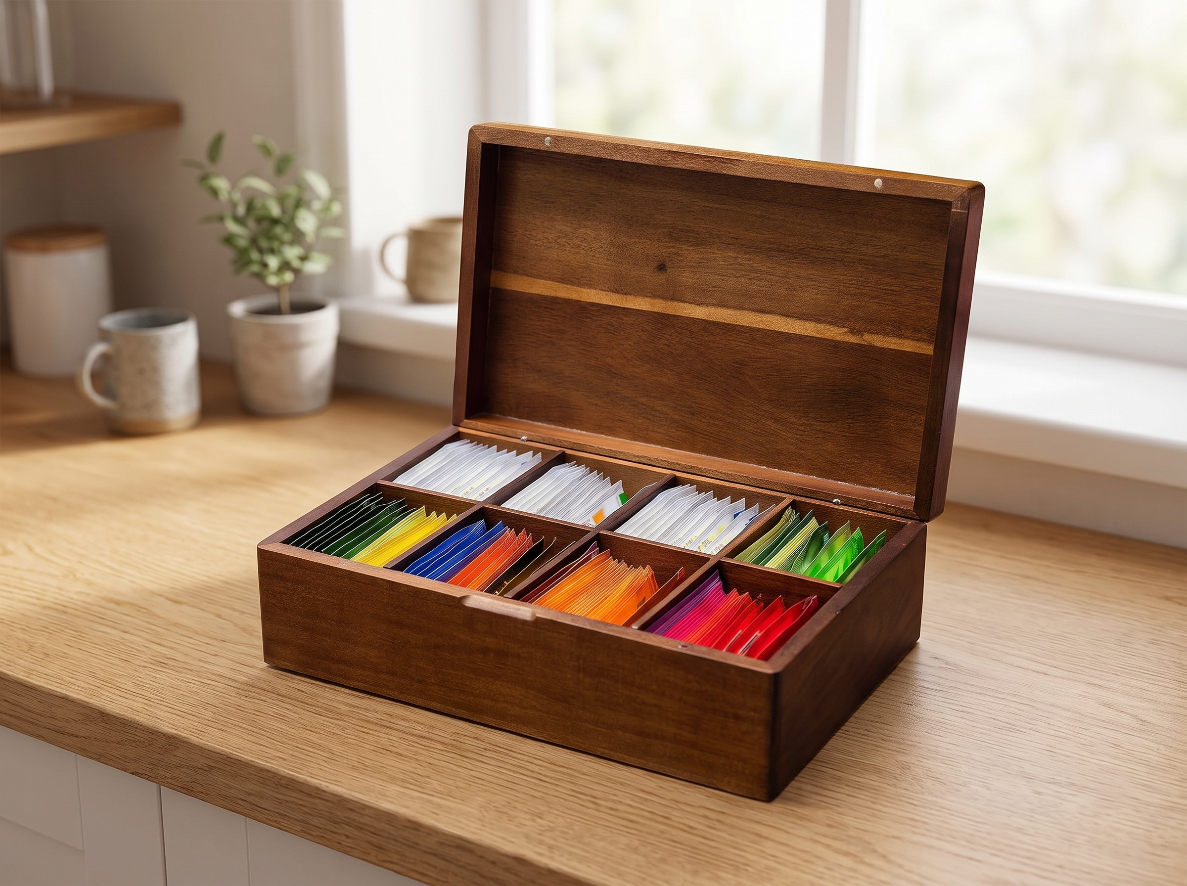 Acacia Wood Tea Bag Organizer Box with 4 or 8 Compartments for Kitchen or Tea Nook in a realistic home setting