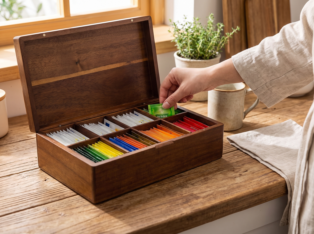 Acacia Wood Tea Bag Organizer Box with 4 or 8 Compartments for Kitchen or Tea Nook shown in natural everyday use at home