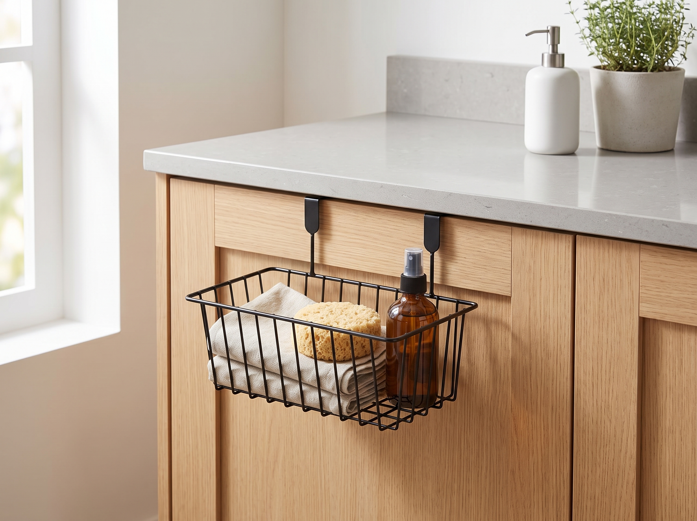 Over-the-Cabinet Metal Grid Basket Organizer with Hooks for Kitchen or Bathroom in a realistic home setting