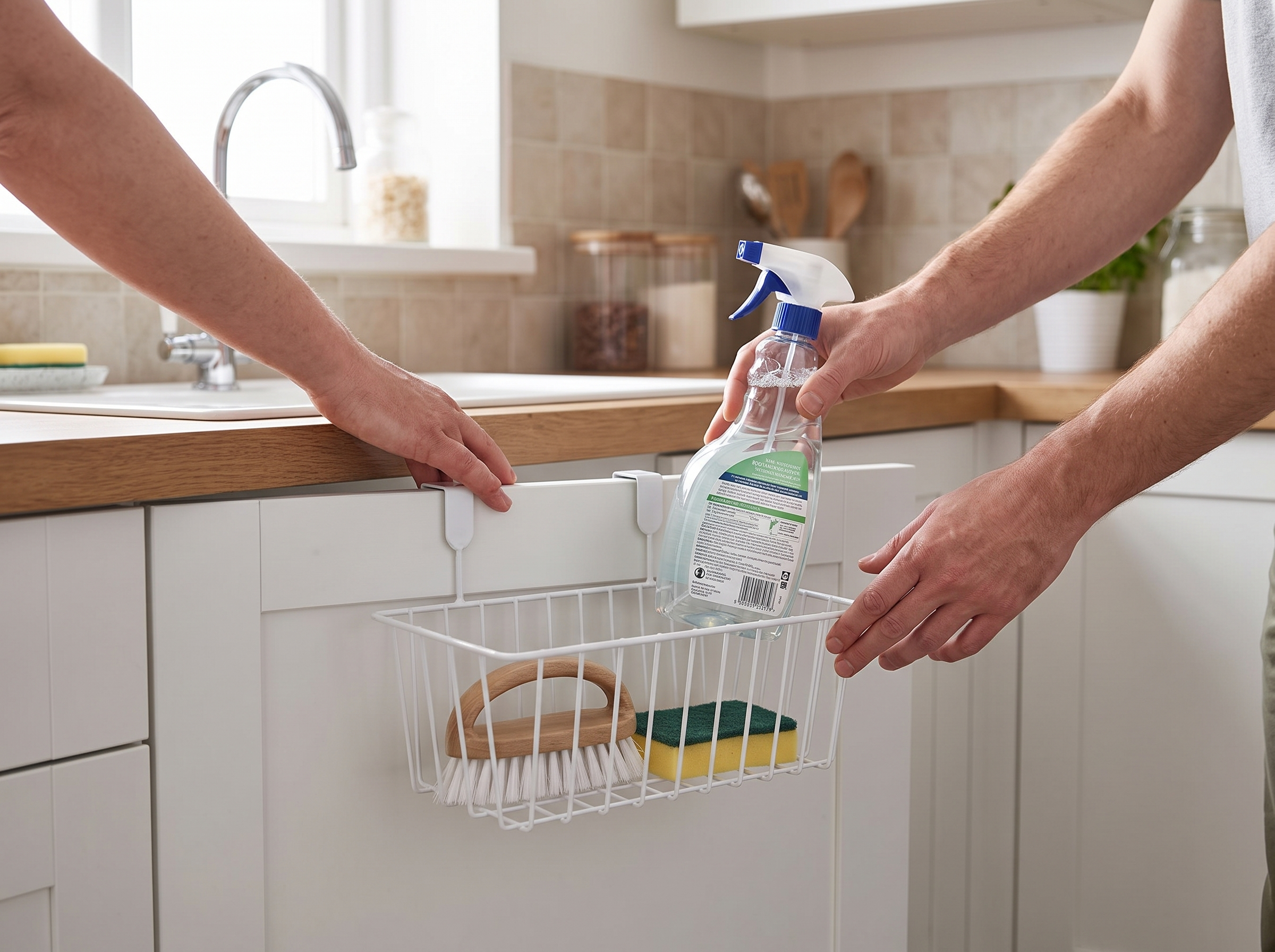 Over-the-Cabinet Metal Grid Basket Organizer with Hooks for Kitchen or Bathroom shown in natural everyday use at home