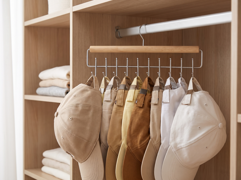 Wooden Closet Hat Organizer Rack with 10 Hooks for Caps, Belts, or Scarves in a realistic home setting