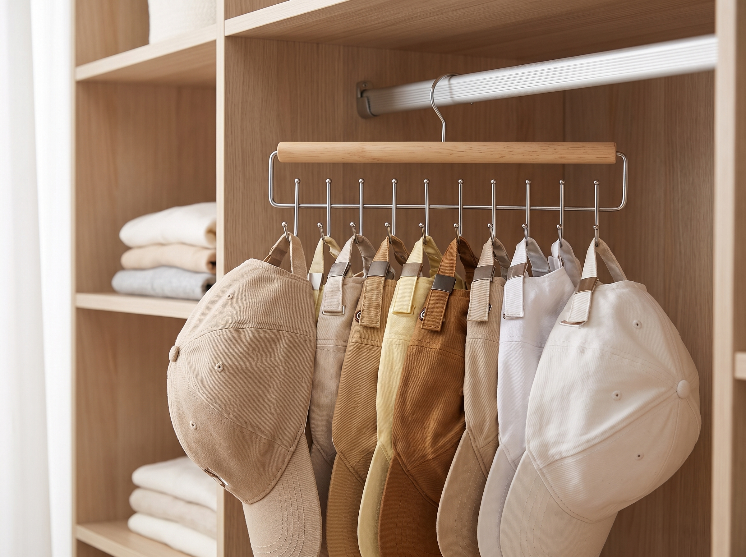 Wooden Closet Hat Organizer Rack with 10 Hooks for Caps, Belts, or Scarves in a realistic home setting