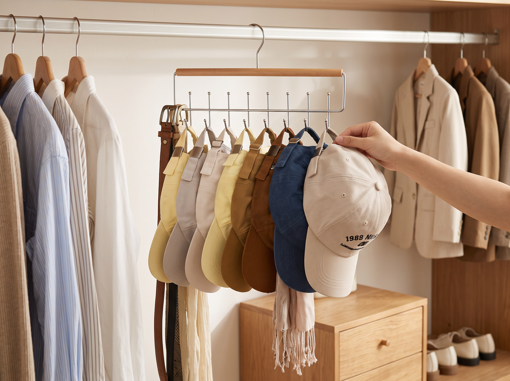 Wooden Closet Hat Organizer Rack with 10 Hooks for Caps, Belts, or Scarves shown in natural everyday use at home