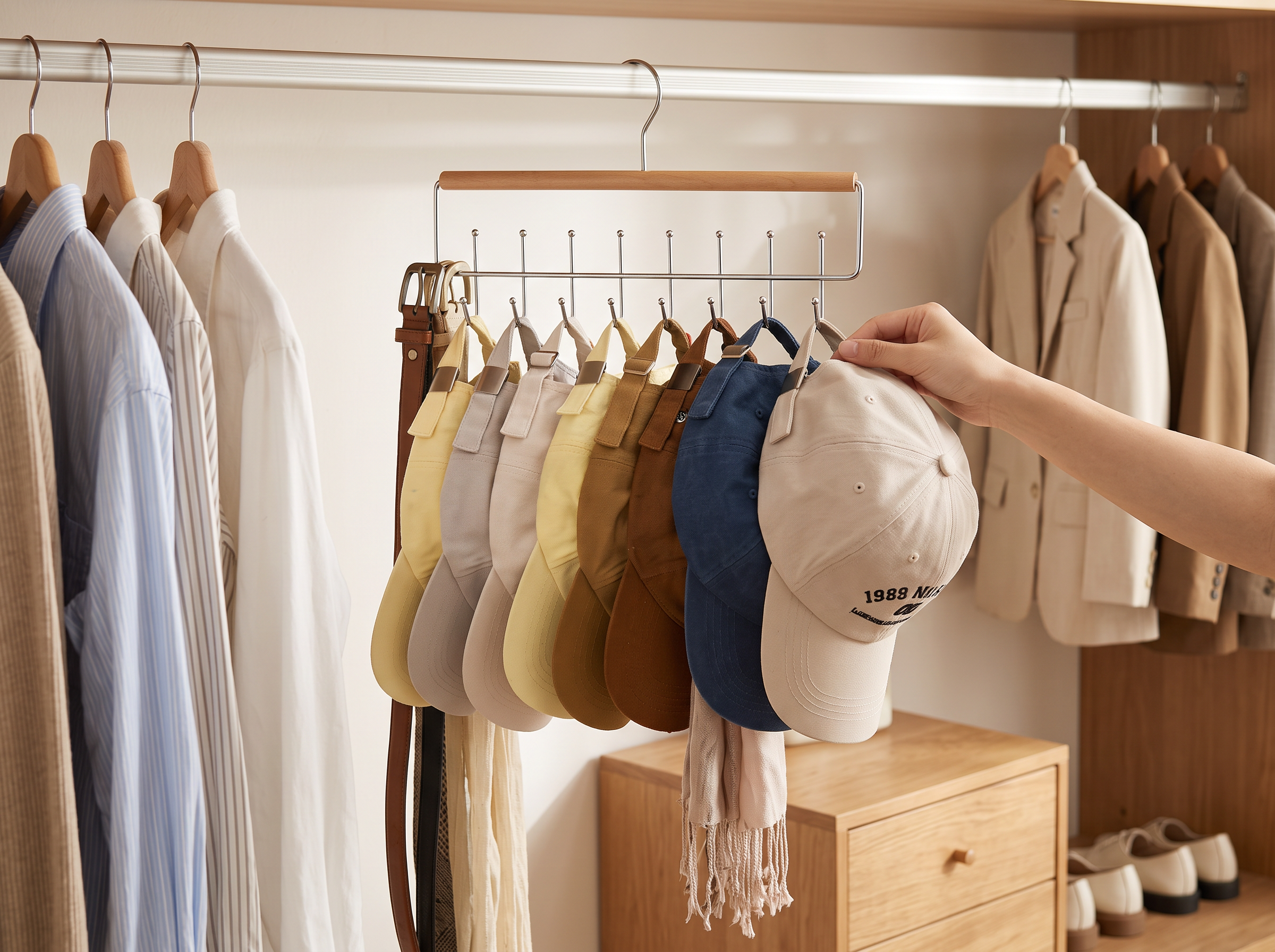 Wooden Closet Hat Organizer Rack with 10 Hooks for Caps, Belts, or Scarves shown in natural everyday use at home
