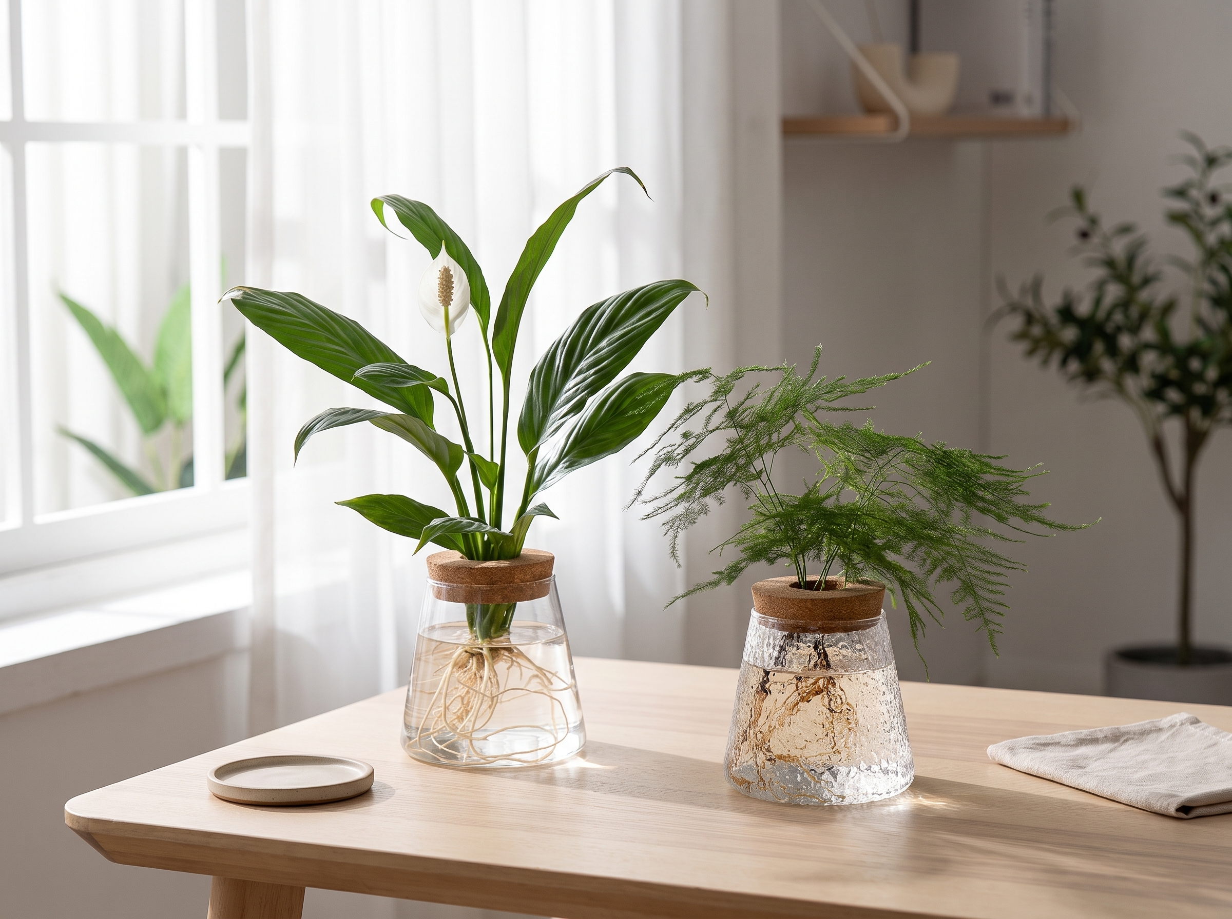 Glass Propagation Station Vase with Cork Lid for Tabletop Plant Cuttings in a realistic home setting
